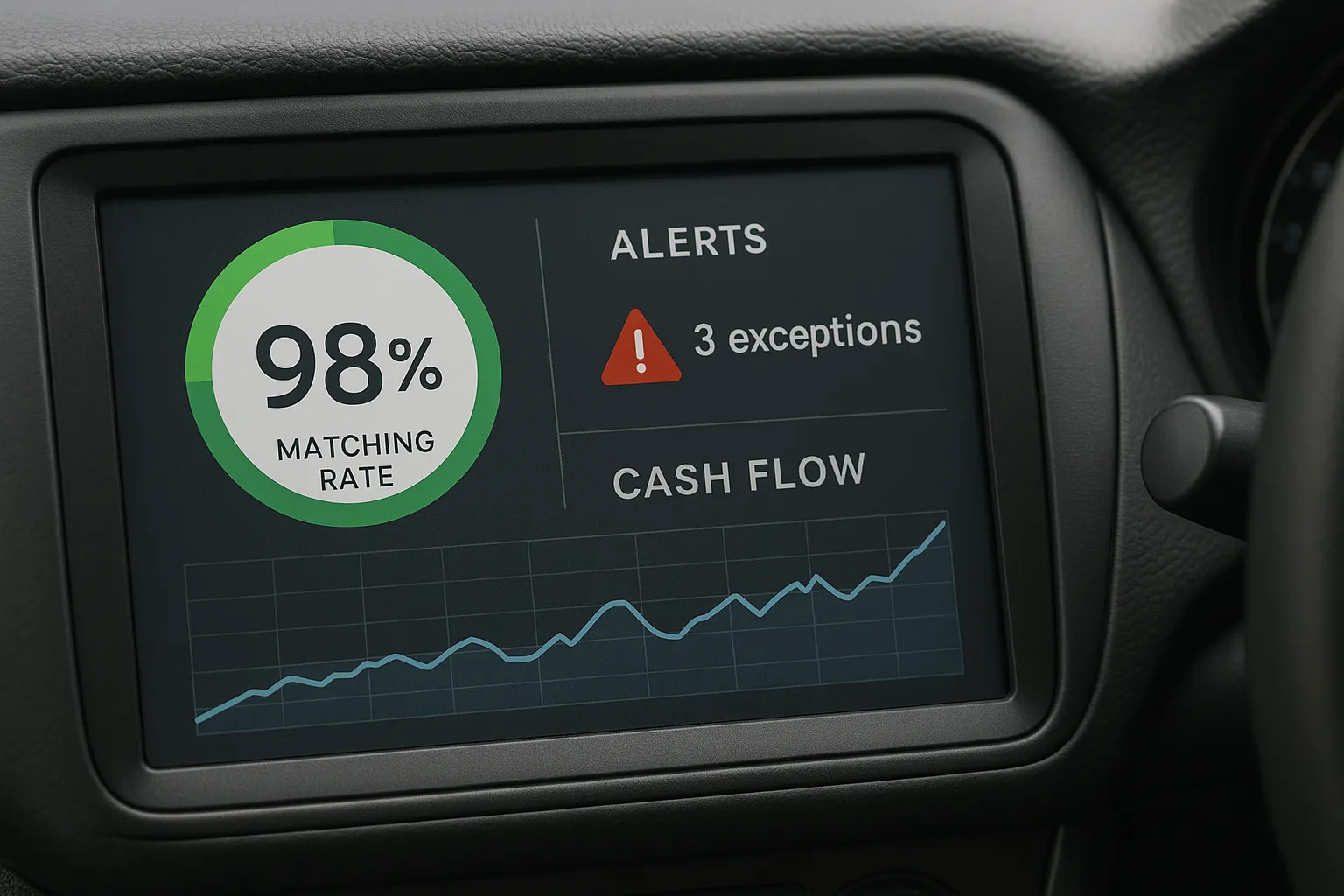 Tableau de bord rapproché affichant taux d’appariement 98 %, alerts exceptions et graphique cash-flow.