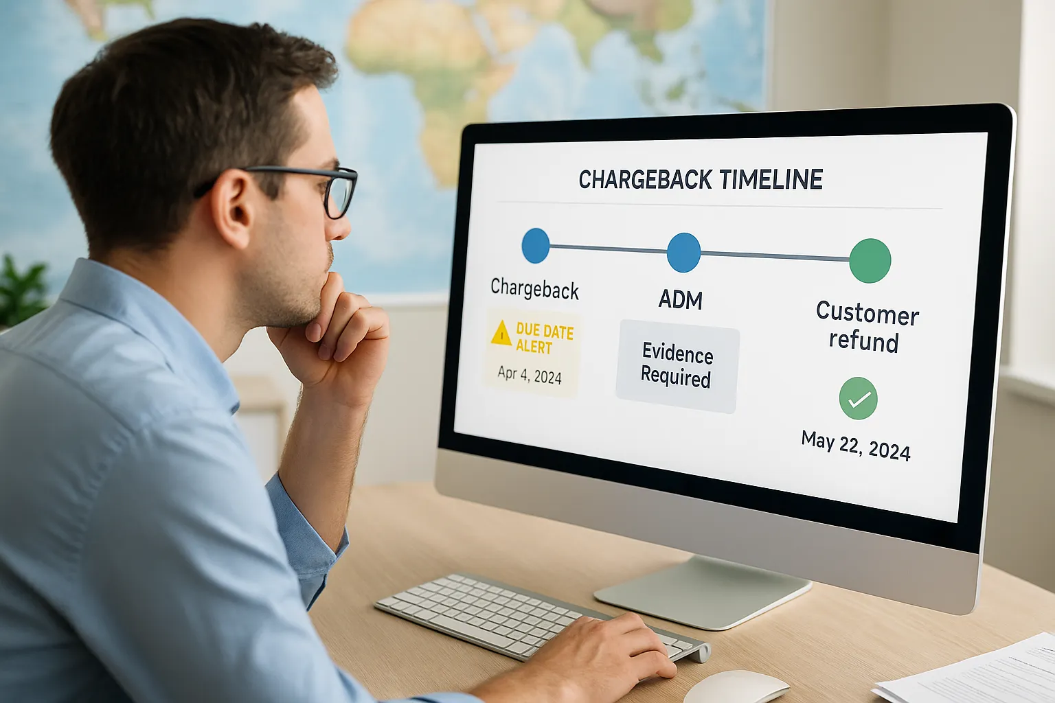 Un agent de voyages examine un tableau de bord affichant la chronologie d’un chargeback, un ADM et un remboursement client, avec des alertes de délai et des statuts de preuve.