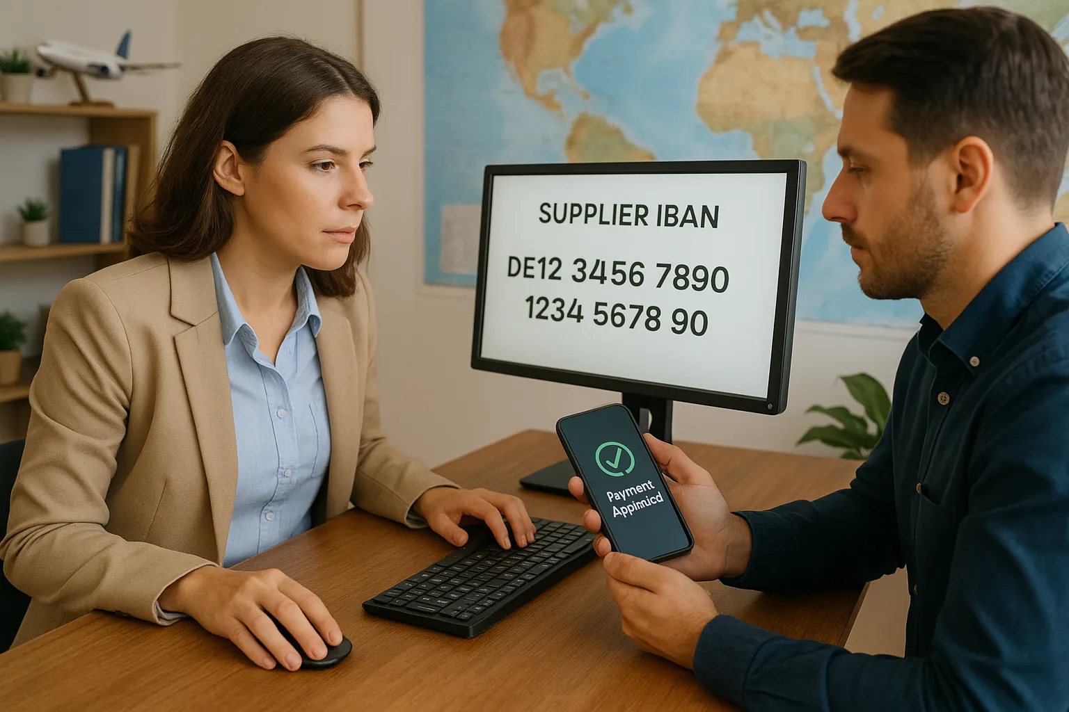 Un conseiller voyage examine à l’écran un IBAN fournisseur tandis qu’un collègue approuve le paiement sur un smartphone, symbolisant la double validation anti-fraude.