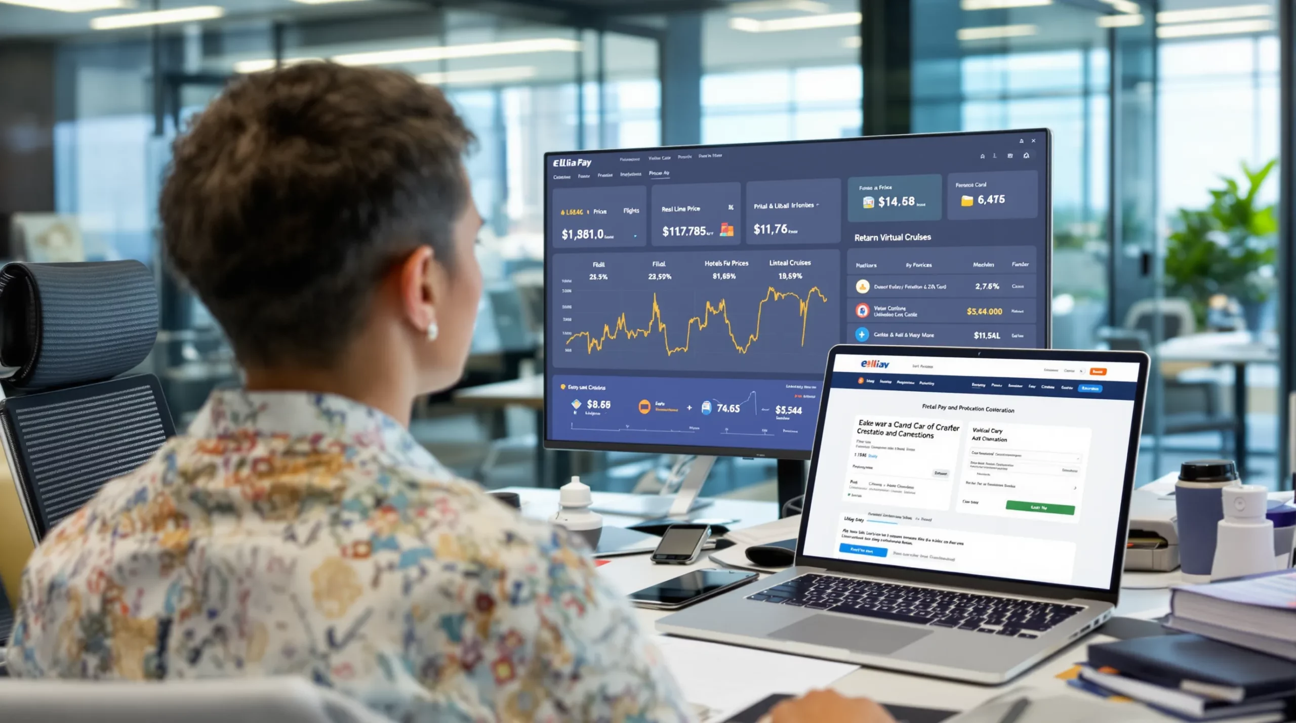 Un conseiller voyage examine un tableau de bord financier affichant les variations de prix en temps réel pour les vols, hôtels et croisières, tandis qu’un ordinateur portable montre un webhook de création de carte virtuelle Elia Pay.