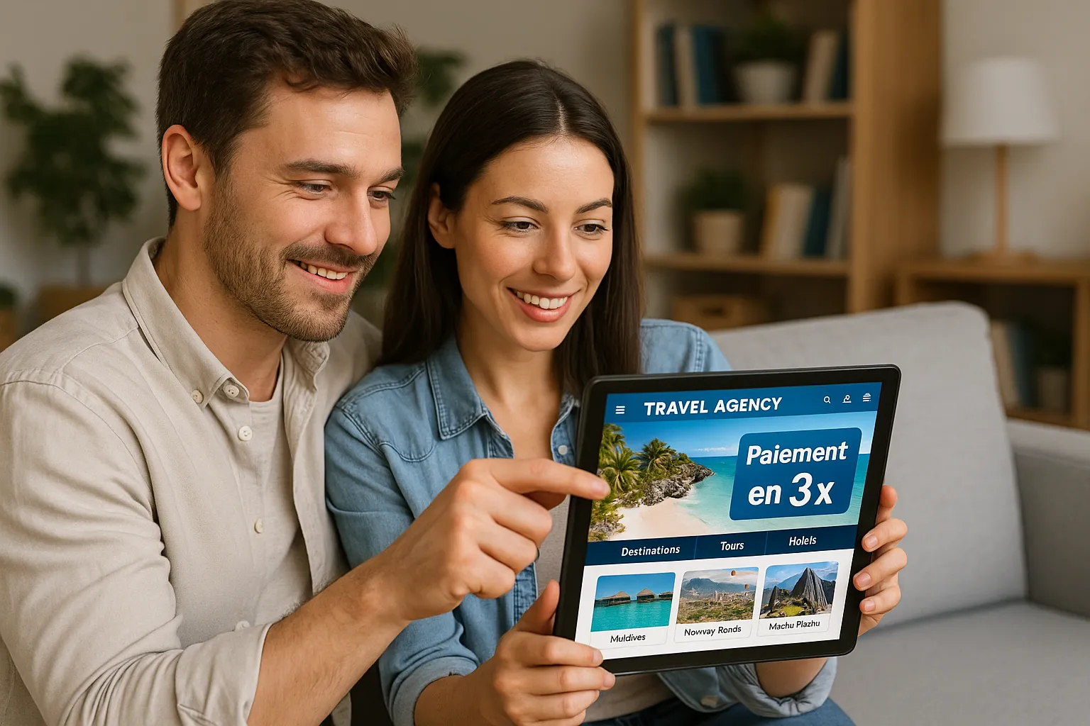 Un couple consulte un site d’agence de voyages sur une tablette, un encart « Paiement en 3 × » met en avant la flexibilité du règlement.