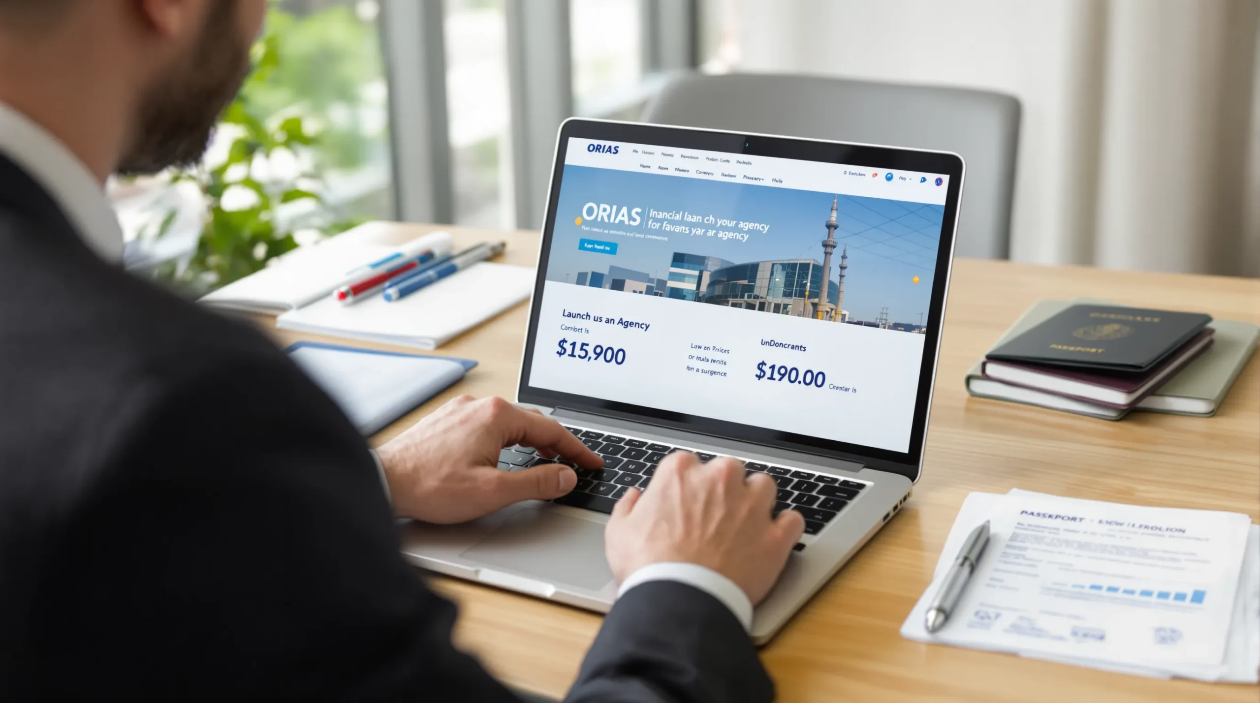 Un entrepreneur de voyage consulte son ordinateur portable affichant le site de l’ORIAS, entouré de documents financiers et d’un passeport posé sur le bureau. L’ambiance est lumineuse et évoque la rigueur administrative nécessaire avant de lancer une agence.