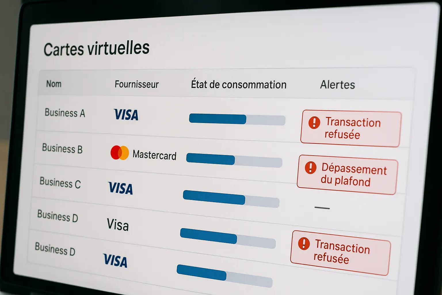 Un tableau de bord montre la liste de cartes virtuelles classées par fournisseur, avec état de consommation et alertes en rouge pour les anomalies.