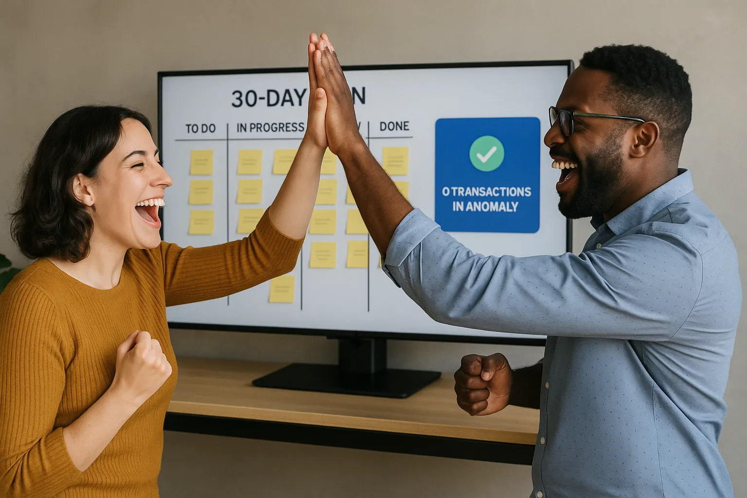 Un tableau Kanban affiche les étapes du plan 30 jours, avec la colonne “Terminé” remplie. Des membres de l’équipe se donnent un check enthousiaste devant l’écran qui confirme 0 transaction en anomalie.
