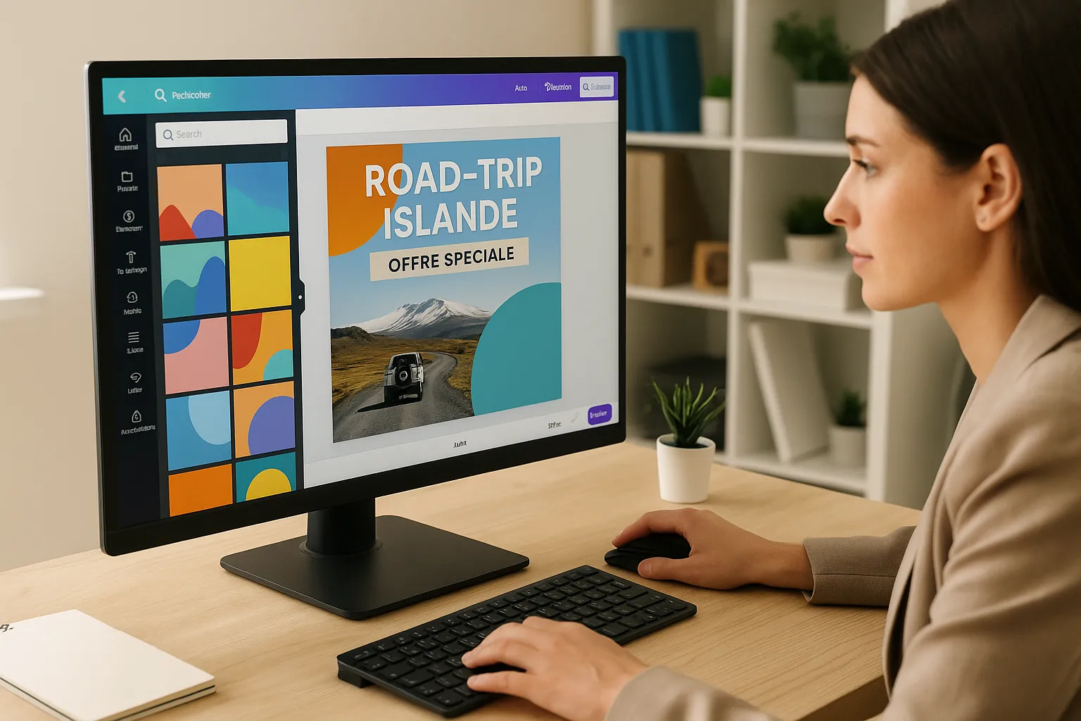 Une agente de voyage crée un visuel promotionnel sur l’interface de Canva Pro, son écran affichant une offre 