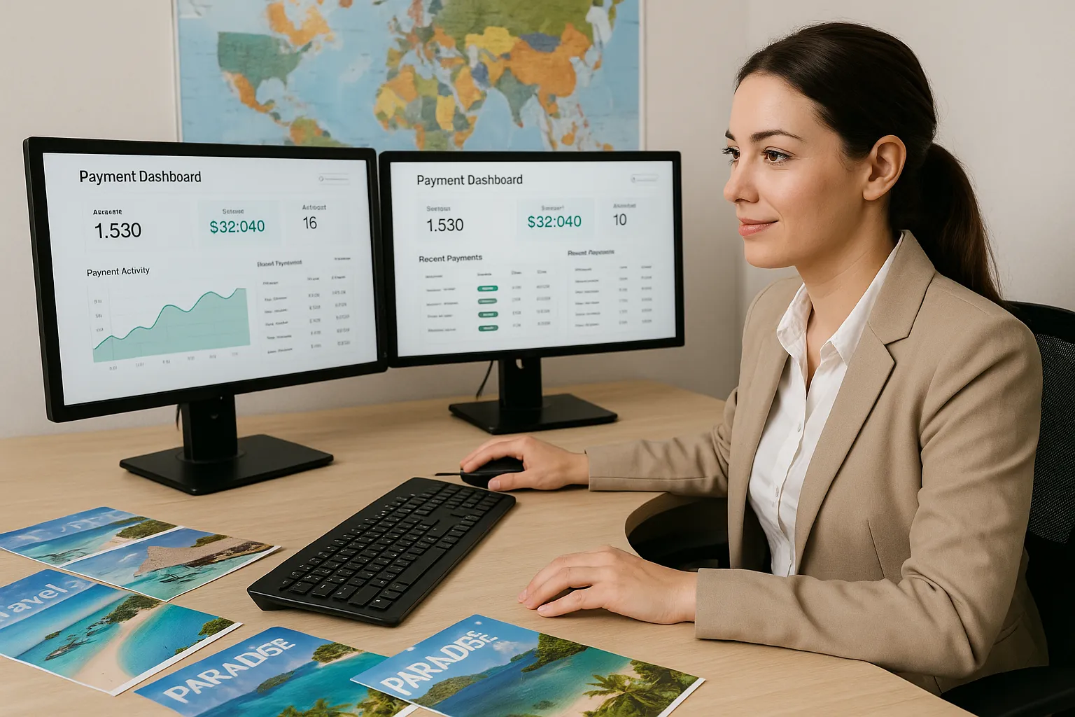 Une agente de voyages assise devant deux écrans d’ordinateur affichant un tableau de bord de paiements, entourée de brochures exotiques et d’une carte du monde épinglée sur le mur.