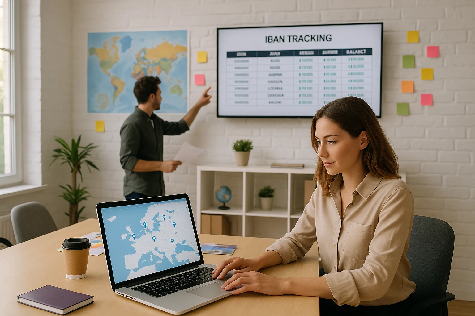 Une cheffe d’agence de voyage crée une carte virtuelle sur son ordinateur portable, tandis qu’un collègue affiche le tableau de suivi des IBAN sur un écran mural. La pièce est lumineuse, ambiance start-up, post-its de différentes couleurs visibles.