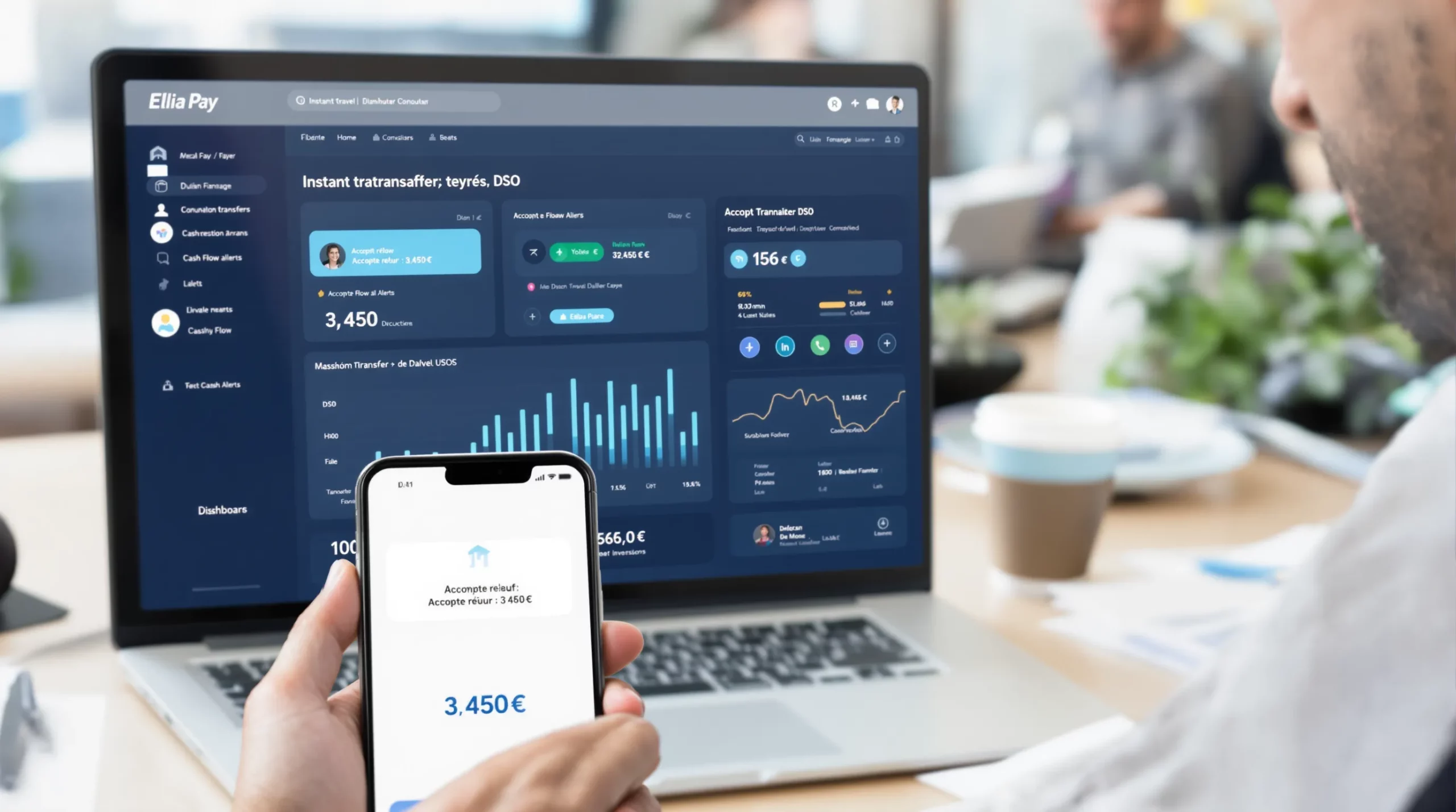 Une conseillère voyage regarde un tableau de bord Elia Pay affichant en temps réel des virements instantanés reçus, des alertes de trésorerie et des indicateurs de DSO. Au premier plan, un smartphone montre la notification « Acompte reçu : 3 450 € ».