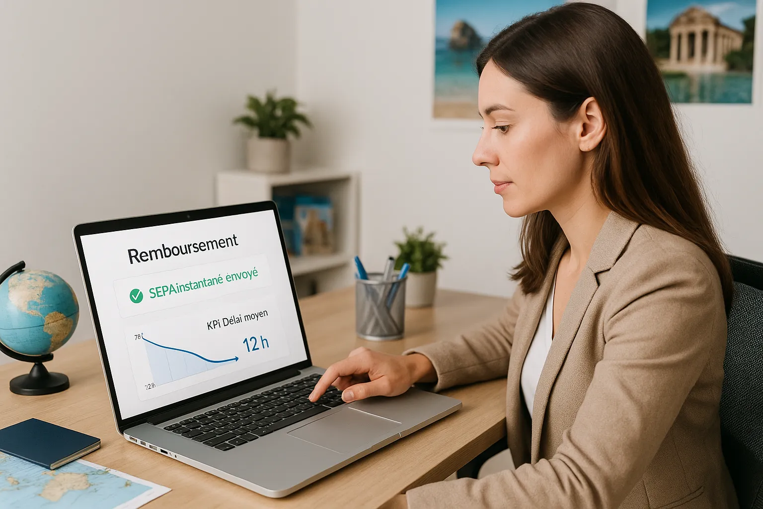 Une conseillère voyages valide un remboursement sur son ordinateur portable ; l’interface affiche le statut « SEPA instantané envoyé » et un graphique KPI du délai moyen passé de 72 h à 12 h.