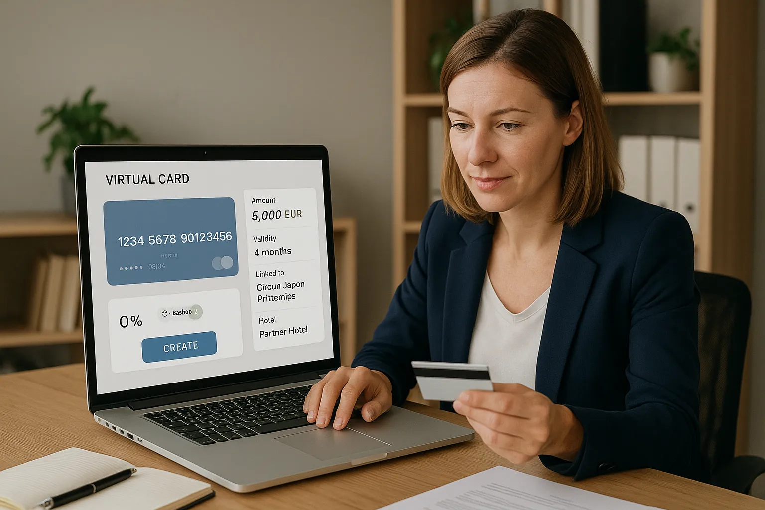 Une gestionnaire d’agence configure en quelques clics une carte virtuelle plafonnée à 5 000 €, valide trois mois, liée au dossier “Circuit Japon Printemps” et à l’hôtel partenaire, pour sécuriser l’acompte et déclencher le cashback.