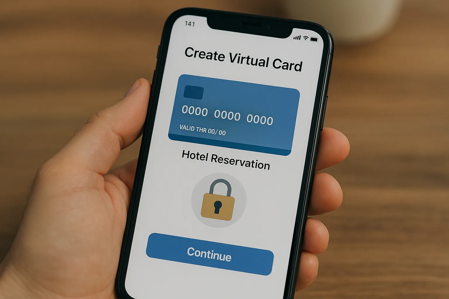 Vue rapprochée d’un smartphone affichant la création d’une carte virtuelle pour une réservation hôtelière, tandis qu’un cadenas stylisé symbolise la tokenisation.