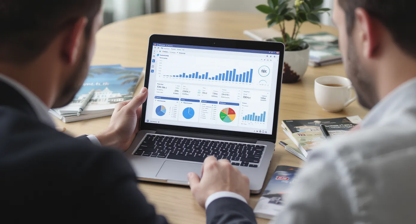 Agent de voyage analysant un tableau de bord financier sur un ordinateur portable, discutant avec un collègue entourés de brochures de circuits touristiques.