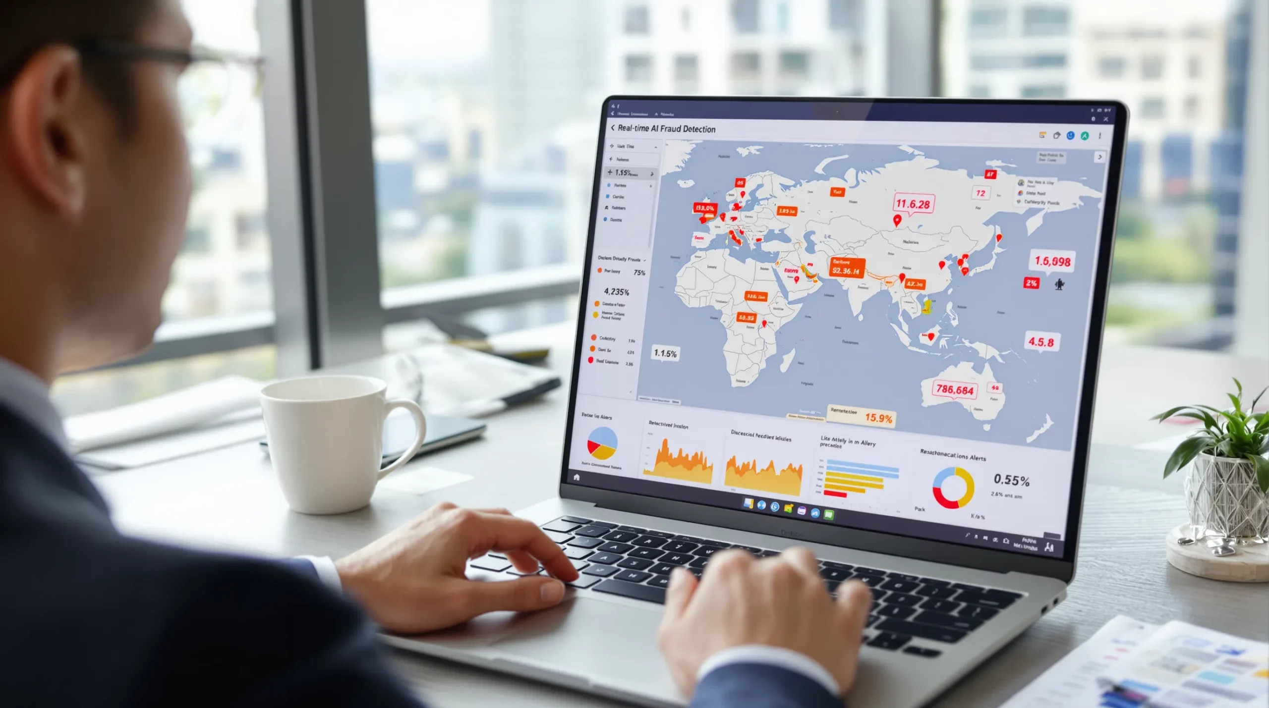 Agent de voyages analysant un tableau de bord de détection de fraude IA en temps réel, affichant des cartes du monde, graphiques de risques et alertes colorées.