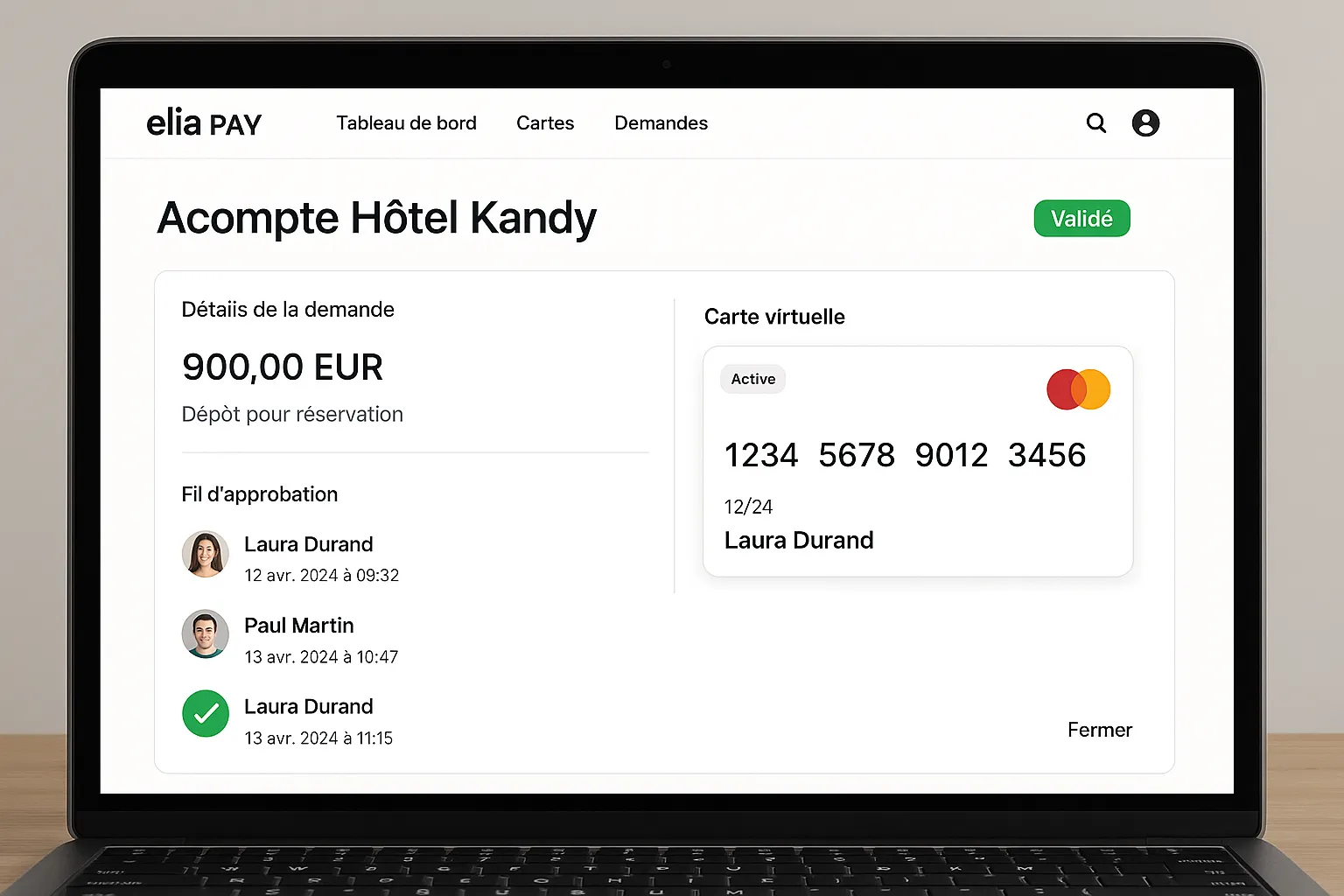 Capture d’écran fictive du tableau de bord Elia Pay montrant une demande “Acompte Hôtel Kandy” avec statut Validé, carte virtuelle active et fil d’approbation horodaté.