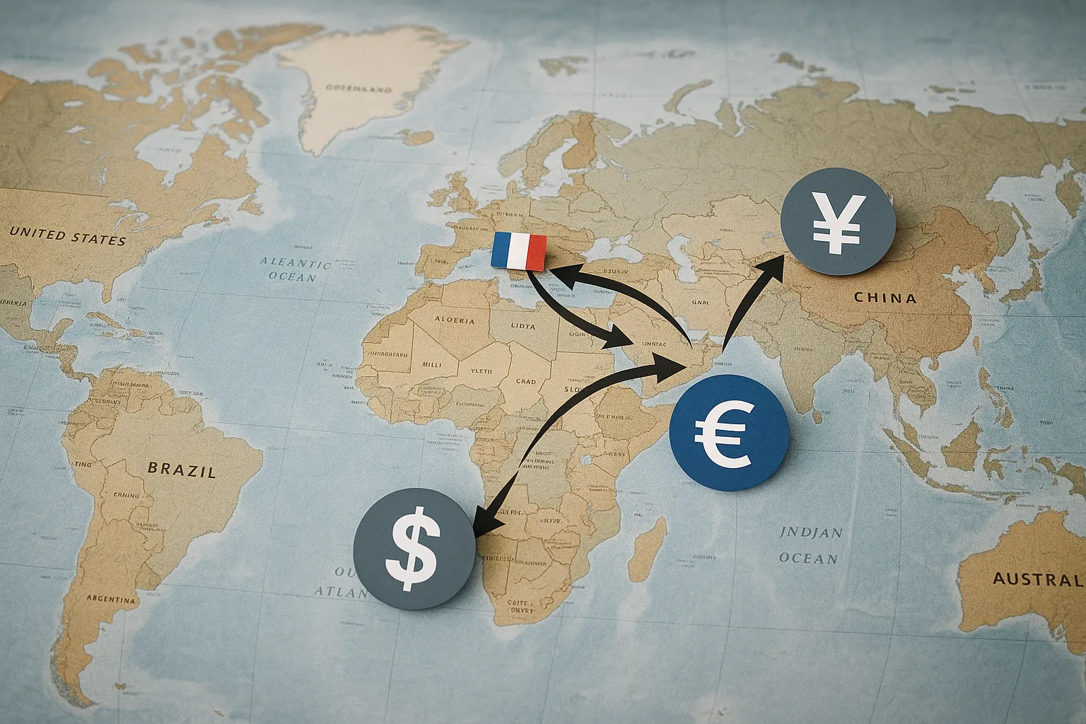 Carte du monde avec icônes USD, JPY, AUD et EUR reliés à des flèches illustrant les flux financiers d’une petite agence française spécialisée long-courrier.