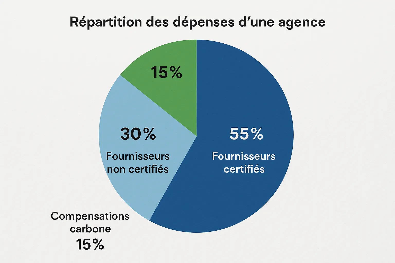 Graphique circulaire représentant la répartition des dépenses d’une agence entre fournisseurs certifiés, non certifiés et compensations carbone.