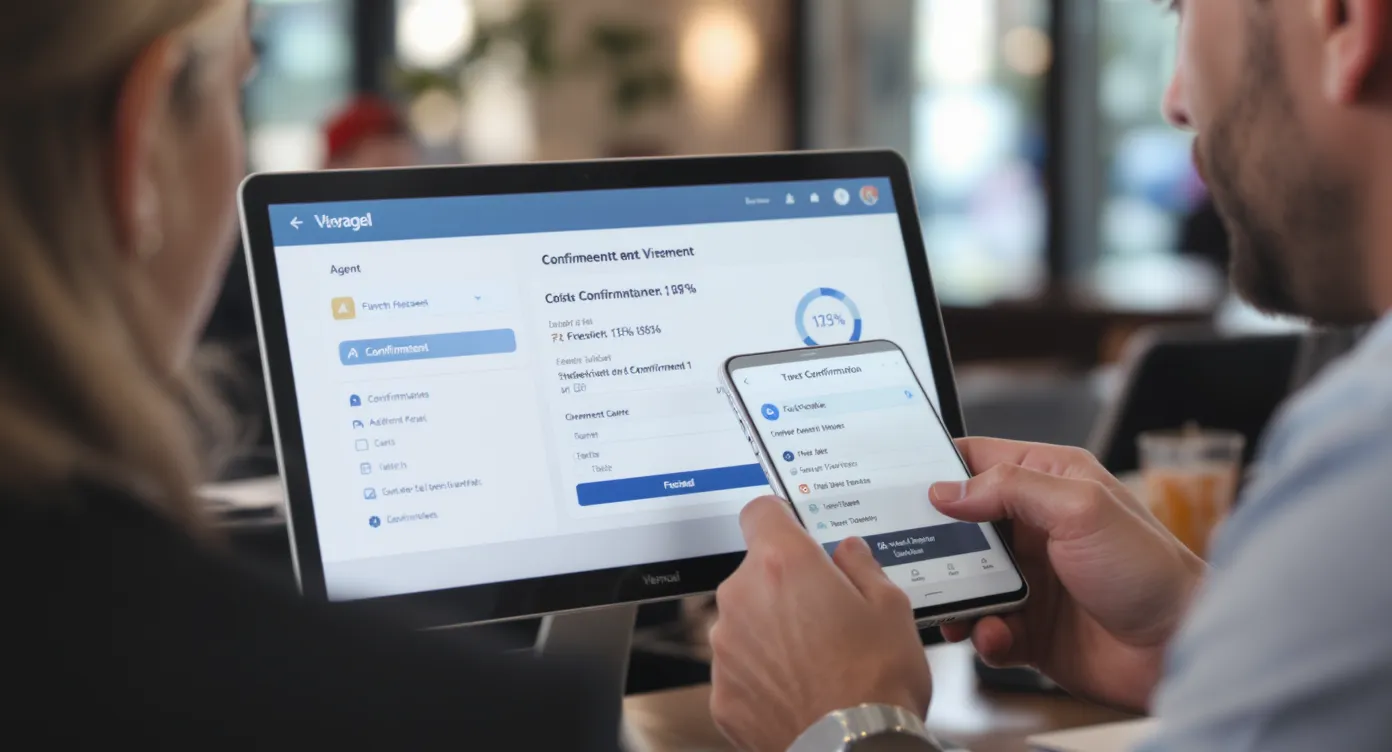 Illustration d’une agente de voyage recevant en temps réel une confirmation de virement instantané sur son tableau de bord, tandis qu’un client enthousiaste confirme sa réservation en face du comptoir.