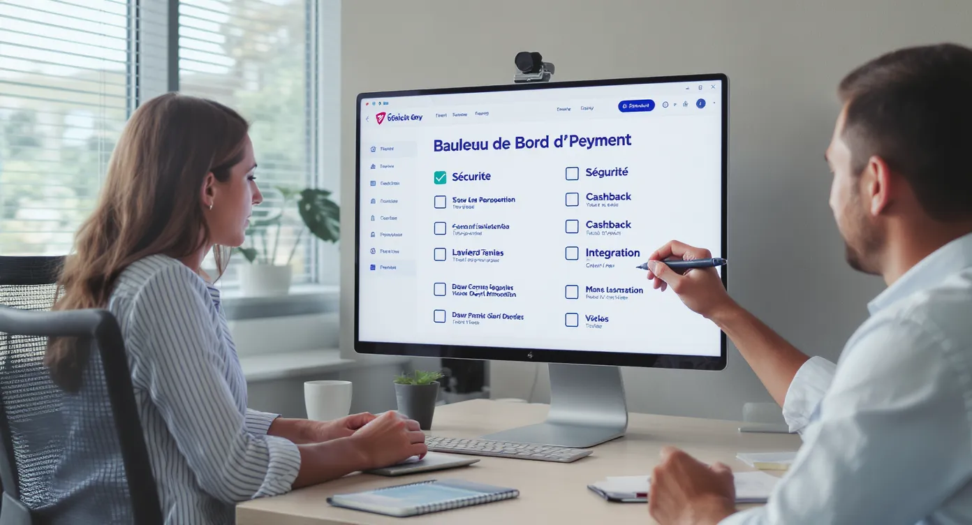 Illustration d’une petite équipe d’agents de voyages en réunion autour d’un écran affichant un tableau de bord de paiement, cochant une checklist « Sécurité », « Cashback », « Intégration ».