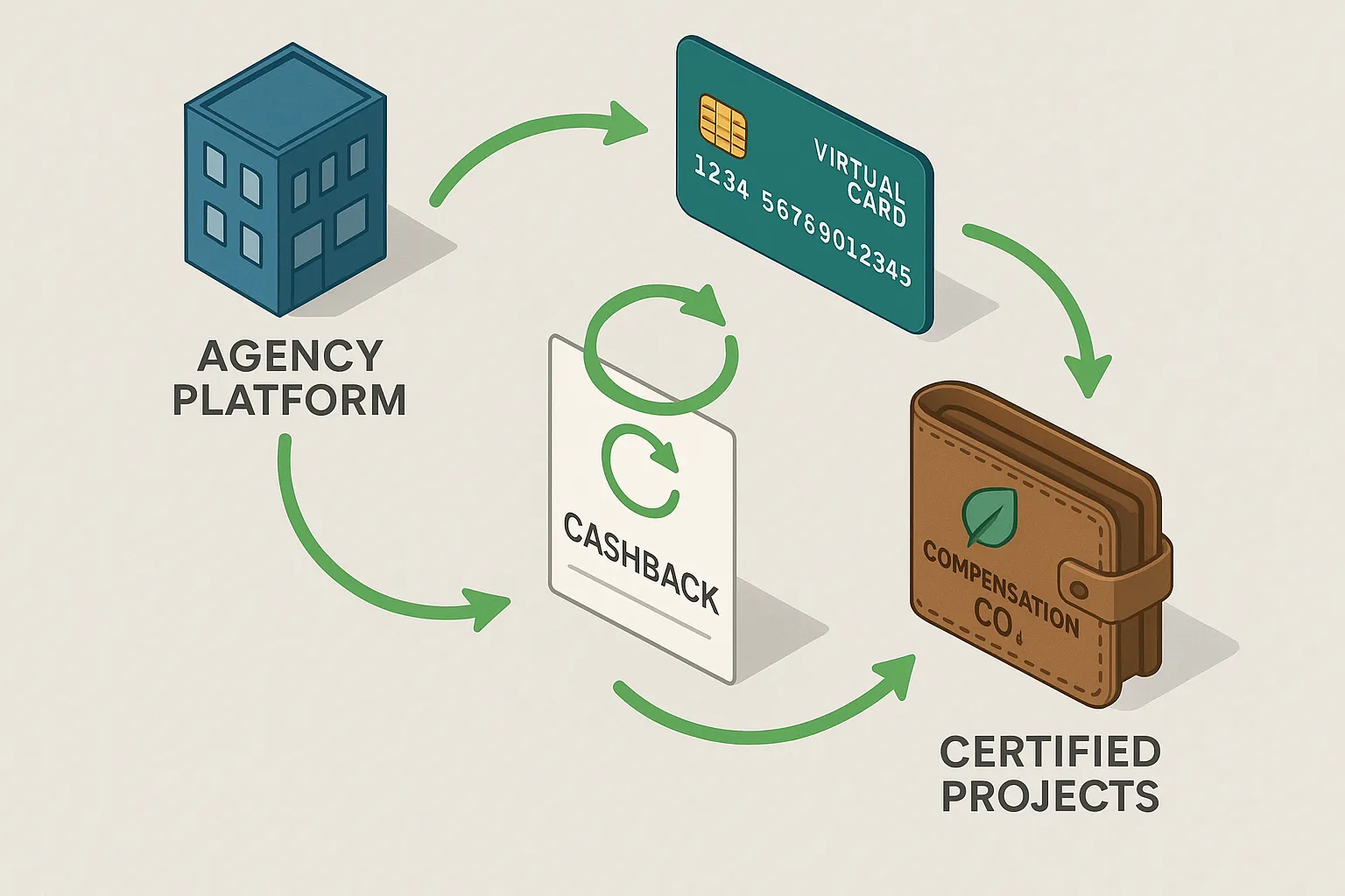 Illustration en vue isométrique d’un flux de paiement : une carte virtuelle génère du cashback, reversé automatiquement vers un portefeuille « Compensation CO₂ », lui-même relié à un registre de projets certifiés. Les éléments clés (agence, plateforme, projet climatique) sont reliés par des flèches vertes symbolisant la circularité financière.