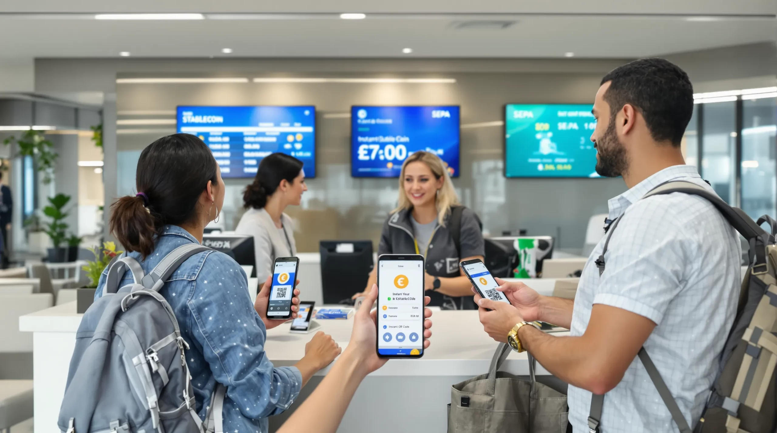 Illustration montrant trois touristes payant leurs billets d’avion dans une petite agence : l’un avec une carte bancaire, l’autre via son smartphone affichant l’icône d’un stablecoin euro, le dernier utilisant un QR code SEPA instantané. Un conseiller explique les options en arrière-plan.