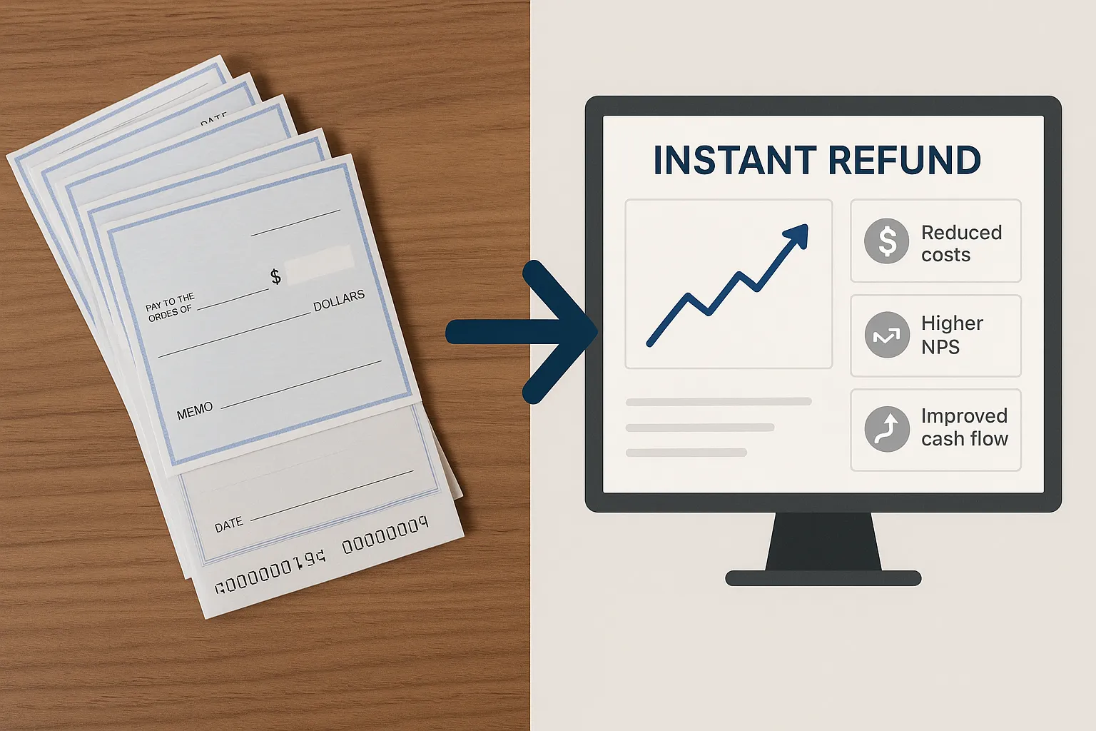 Illustration montrant une pile de chèques papier à gauche et un tableau de bord numérique de remboursement instantané à droite, avec une flèche symbolisant la transition digitale et des icônes de coûts réduits, NPS en hausse et cash flow amélioré.