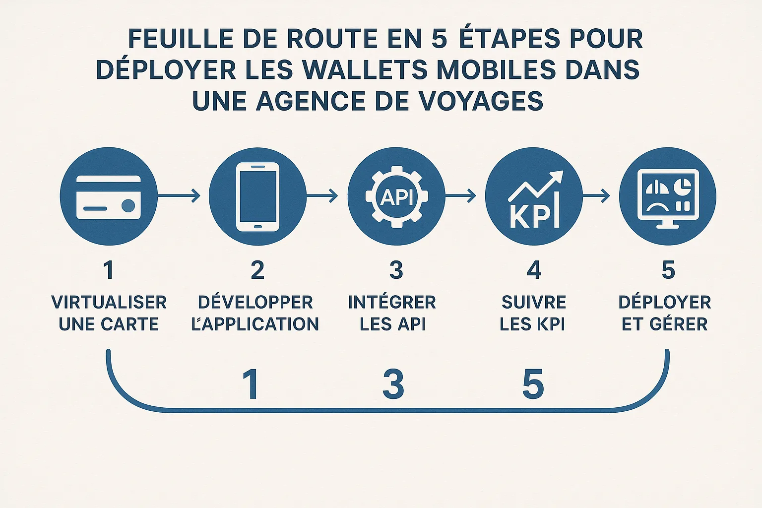 Infographie : feuille de route en 5 étapes pour déployer les wallets mobiles dans une agence de voyages, illustrée par des icônes simples (carte virtuelle, smartphone, API, KPI, tableau de bord).