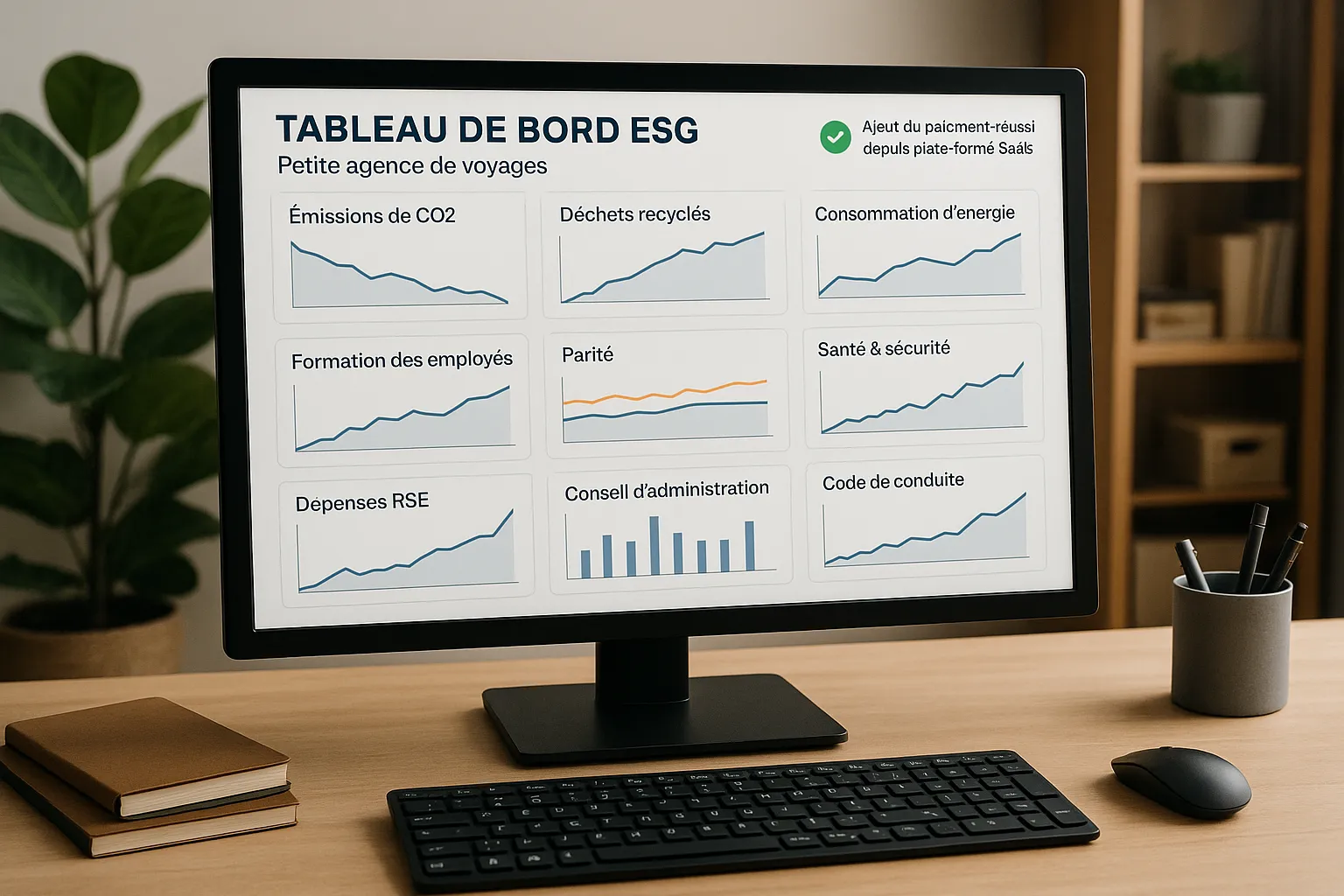 Infographie illustrant un tableau de bord ESG d’une petite agence de voyages, comprenant des graphes pour chacun des 9 indicateurs, reliés en temps réel aux flux de paiement via une plateforme SaaS.