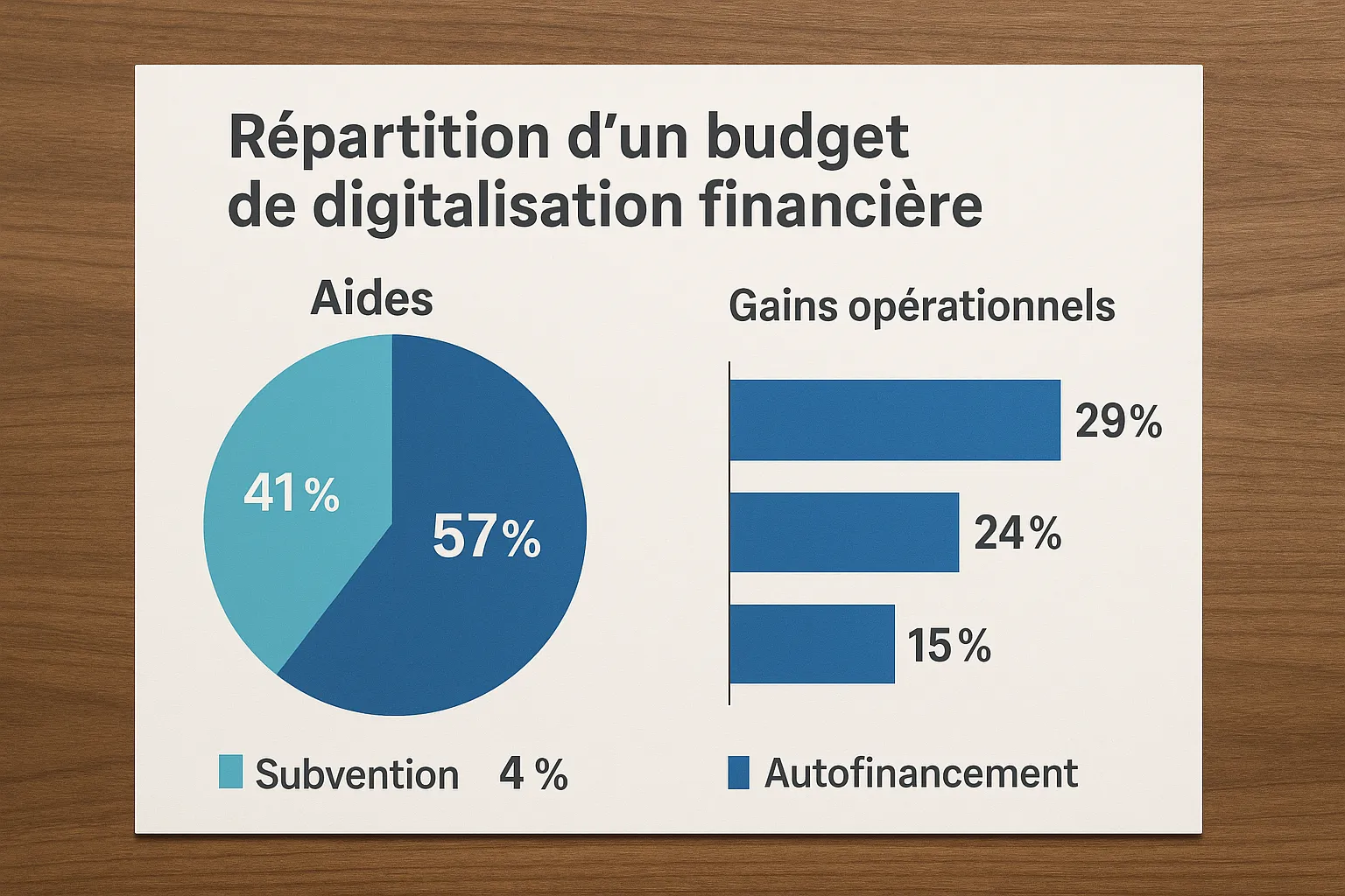 Infographie montrant la répartition d’un budget de digitalisation financière financé par plusieurs aides (subventions 41 %, prêt 57 %, autofinancement 2 %) et les gains opérationnels en pourcentage.