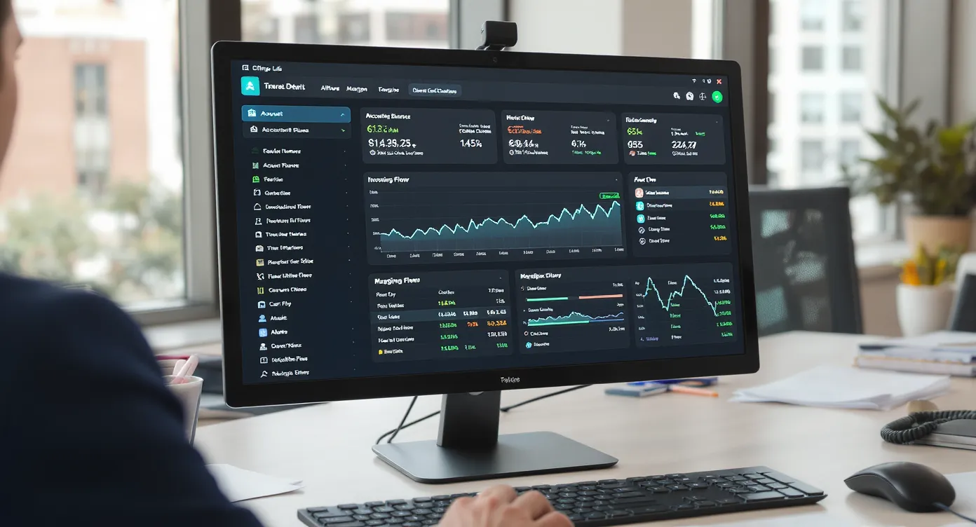 Instantané d’un tableau de bord financier temps réel affichant solde, flux entrants/sortants, marge dossier et alertes, sur un écran d’ordinateur posé sur un bureau d’agent de voyage.