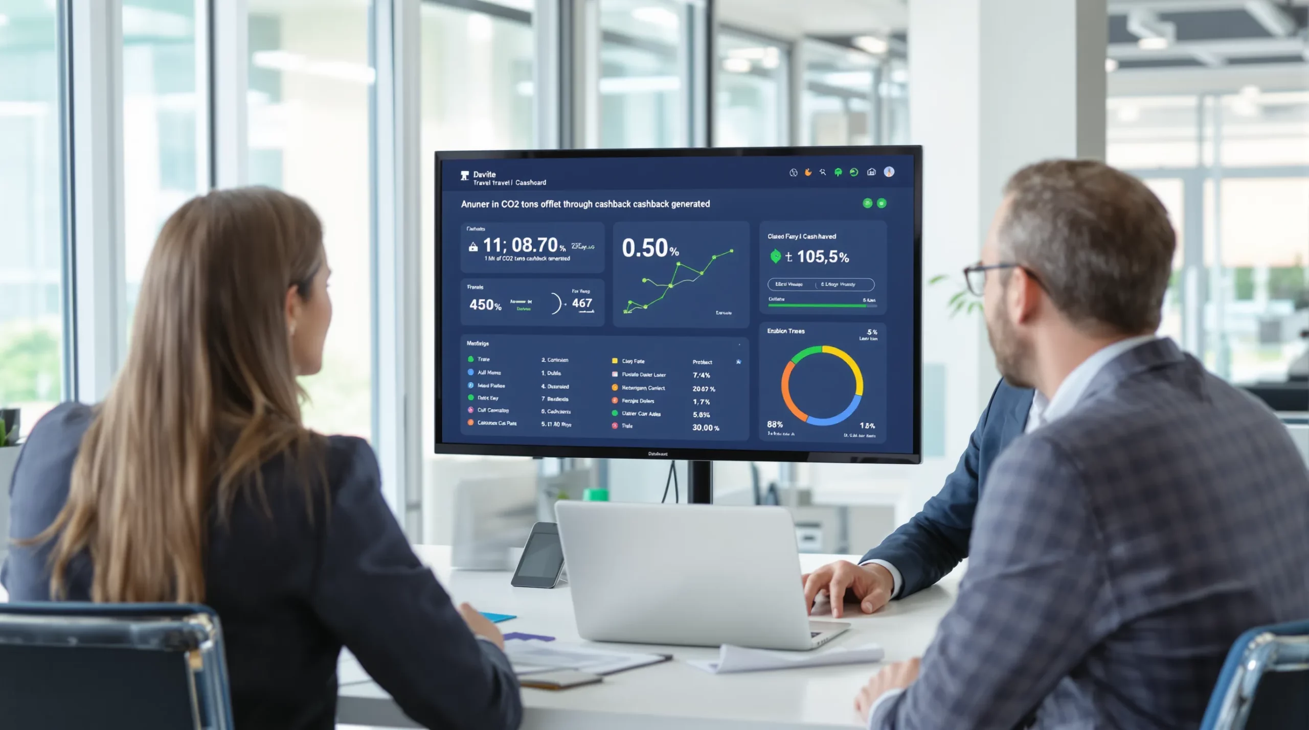 Photo d’une conseillère de voyage expliquant à deux clients, autour d’un bureau lumineux, un tableau de bord affichant le nombre de tonnes CO₂ compensées grâce au cashback généré. Sur l’écran orienté vers eux, les données sont lisibles et la scène transmet la confiance et la transparence.