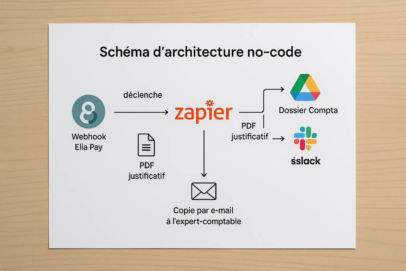 Schéma d’architecture no-code : un webhook Elia Pay déclenche Zapier ; le PDF du justificatif est récupéré puis envoyé dans un dossier Google Drive et dans le canal Slack #Compta, avec une copie par e-mail à l’expert-comptable.