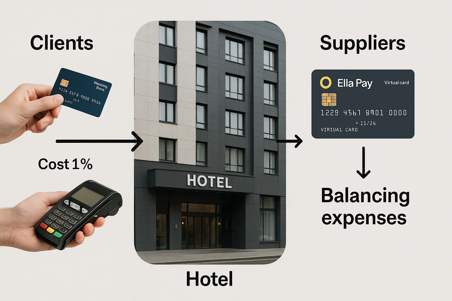 Schéma simple illustrant les flux financiers d’un hôtel : à gauche les clients payent par carte (coût 1 %), à droite l’hôtel règle ses fournisseurs via cartes virtuelles Elia Pay (cashback 1 %), équilibrant les charges.