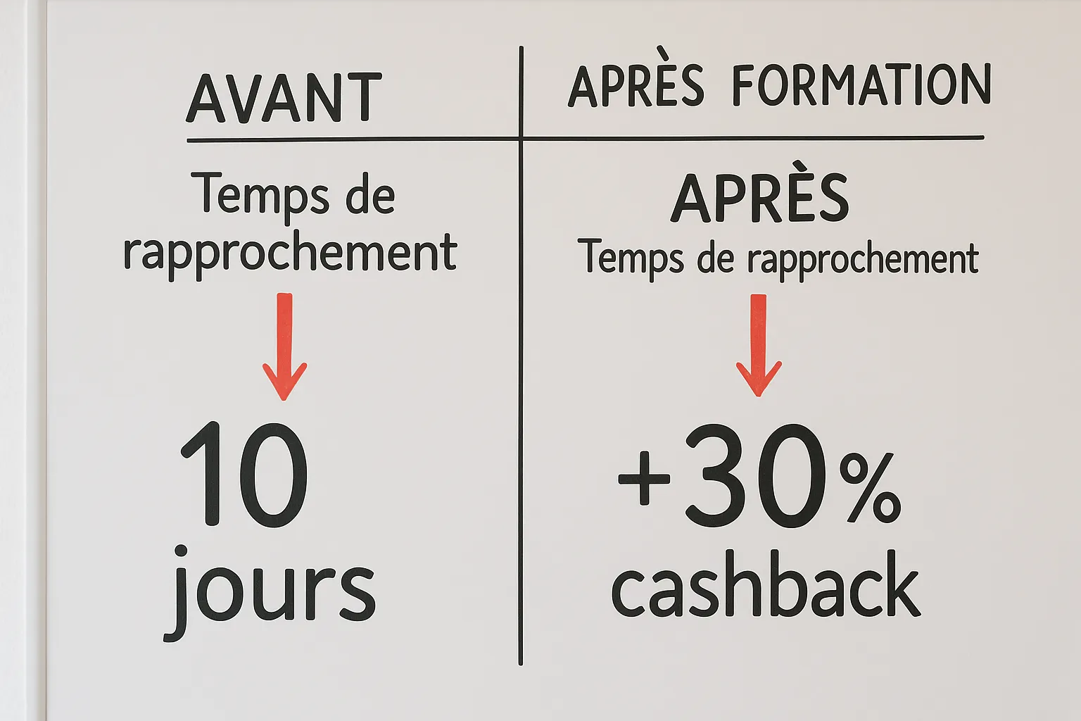 Tableau avant-après montrant la baisse du temps de rapprochement et l’augmentation du cashback après formation.