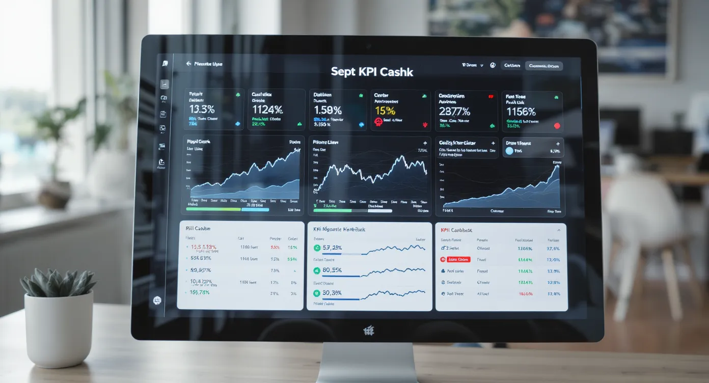 Tableau de bord sur écran d’ordinateur montrant les sept KPI cashback, avec graphiques de tendance et alertes colorées, dans un bureau d’agence de voyages moderne