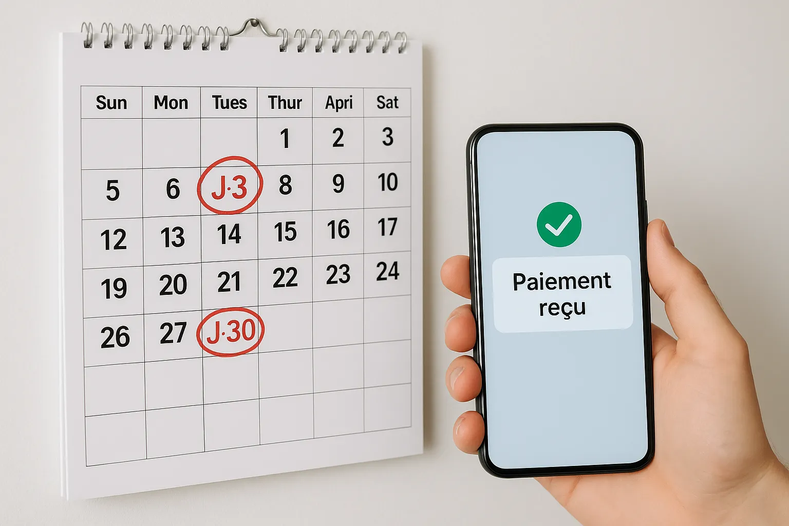 Un calendrier mural affiche les dates clés J-7, J+3, J+30 entourées de rouge, tandis qu’un smartphone montre une notification “Paiement reçu”. L’image montre la synchronisation entre calendrier de relance et confirmation de paiement en temps réel.