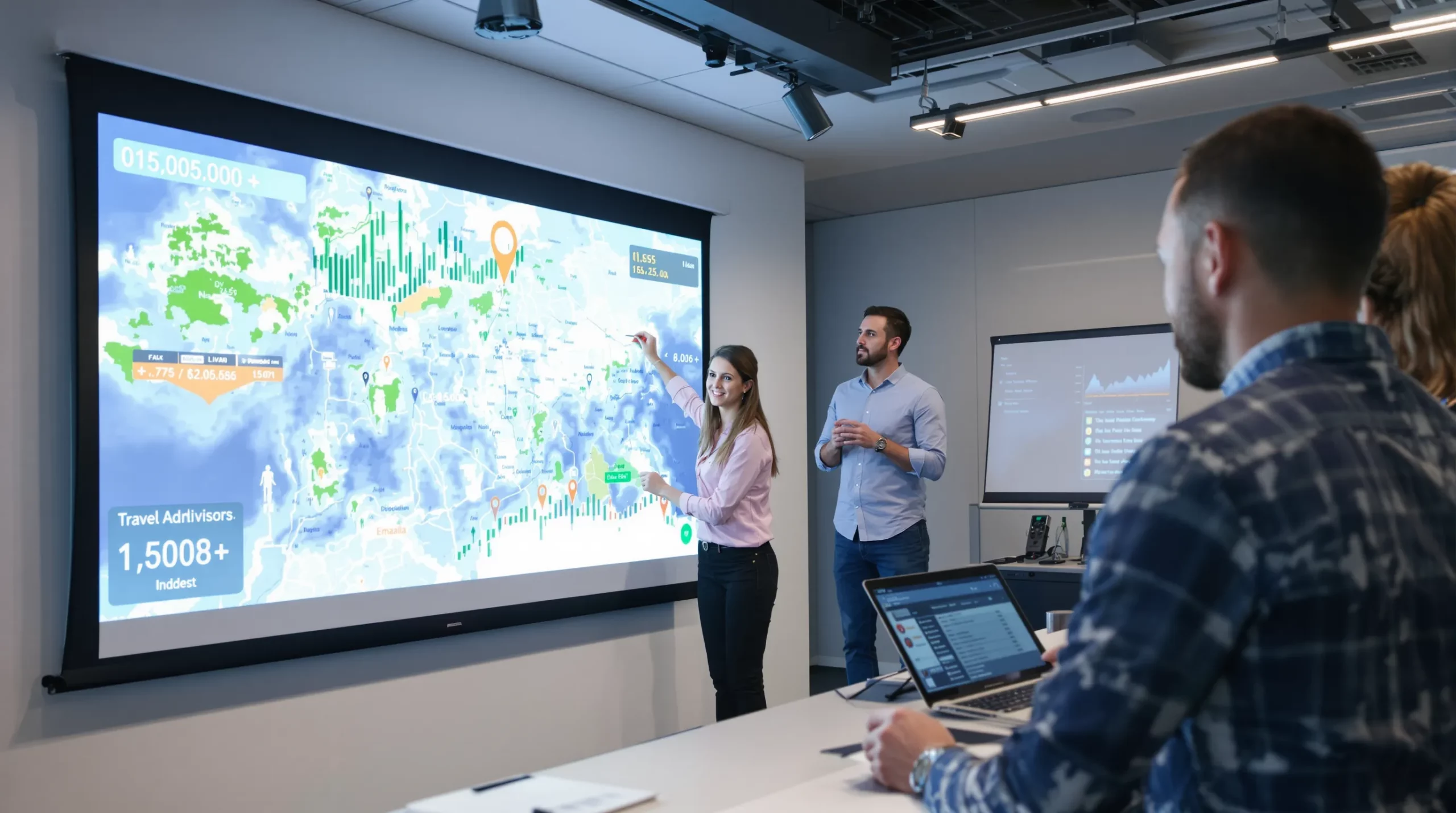 Un formateur anime un atelier pratique : les conseillers voyage créent des cartes virtuelles sur un tableau interactif, tandis qu’une projection affiche des indicateurs de trésorerie en temps réel.