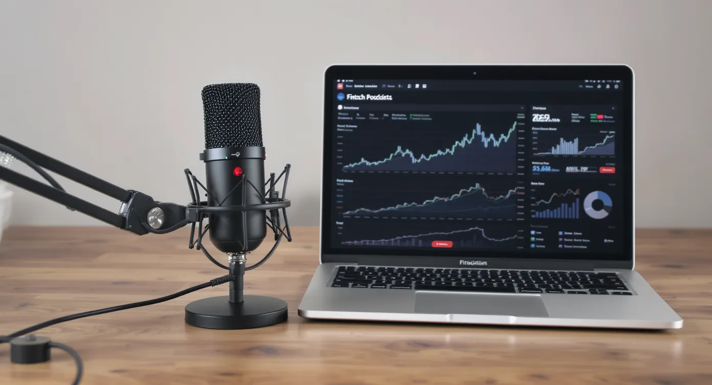 Un micro de studio posé sur une table en bois avec un ordinateur portable ouvert sur un tableau de bord financier, illustrant l’enregistrement d’un podcast sur la fintech tourisme.