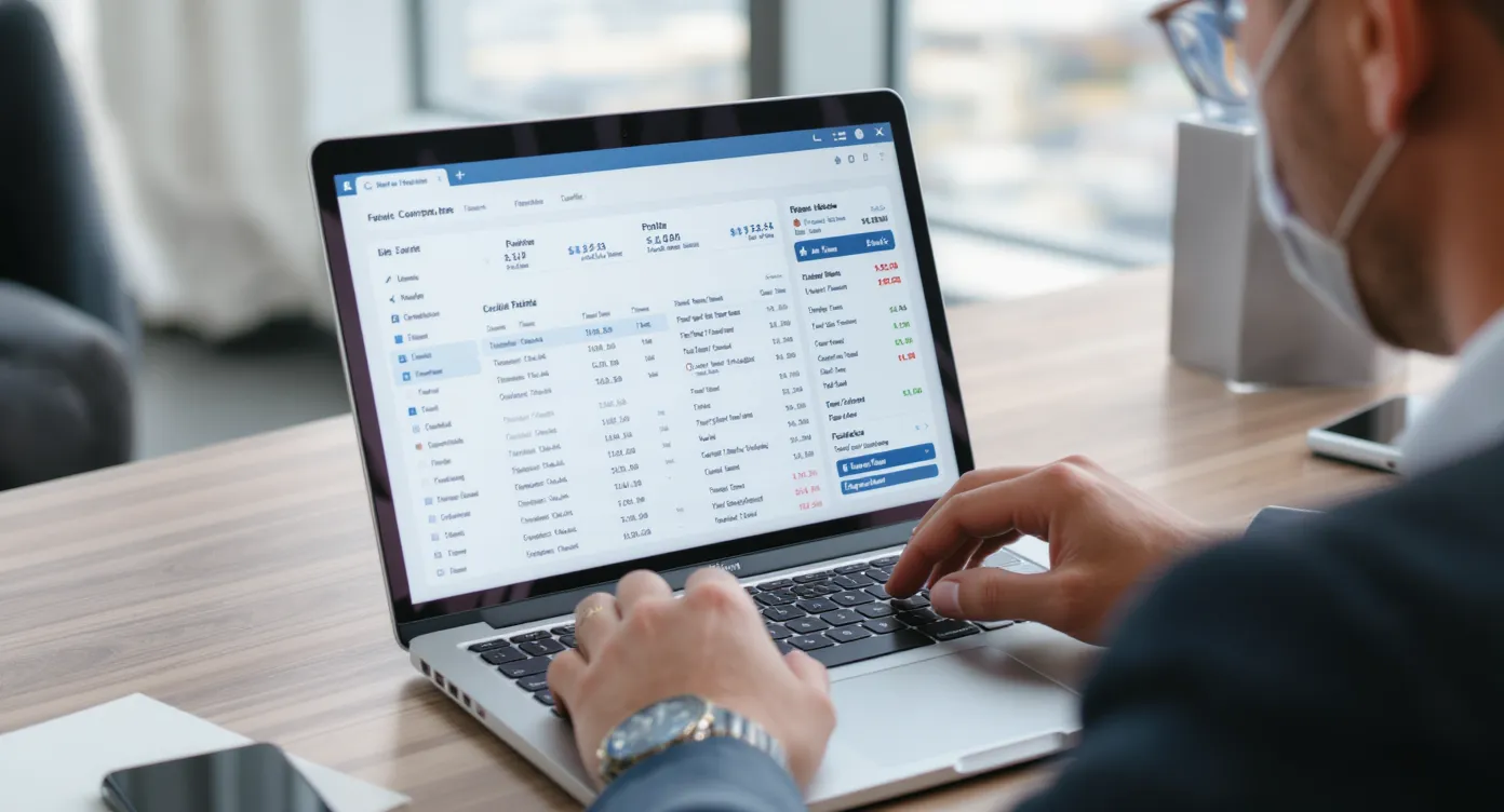 Une conseillère voyage analyse un tableau de bord de factures éligibles à l’affacturage digital sur son ordinateur portable, tandis que des notifications en temps réel confirment l’avance de trésorerie.