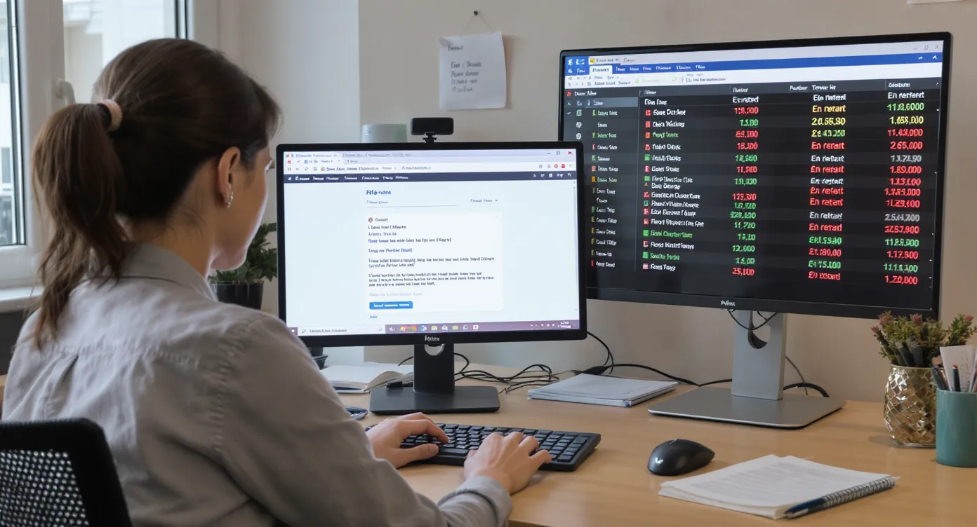 Une conseillère voyage assise devant son ordinateur rédige un e-mail de relance, tandis qu’un tableau de bord financier affiche le statut « En retard » de plusieurs factures. La scène illustre le travail minutieux de suivi des impayés dans une petite agence de voyages.