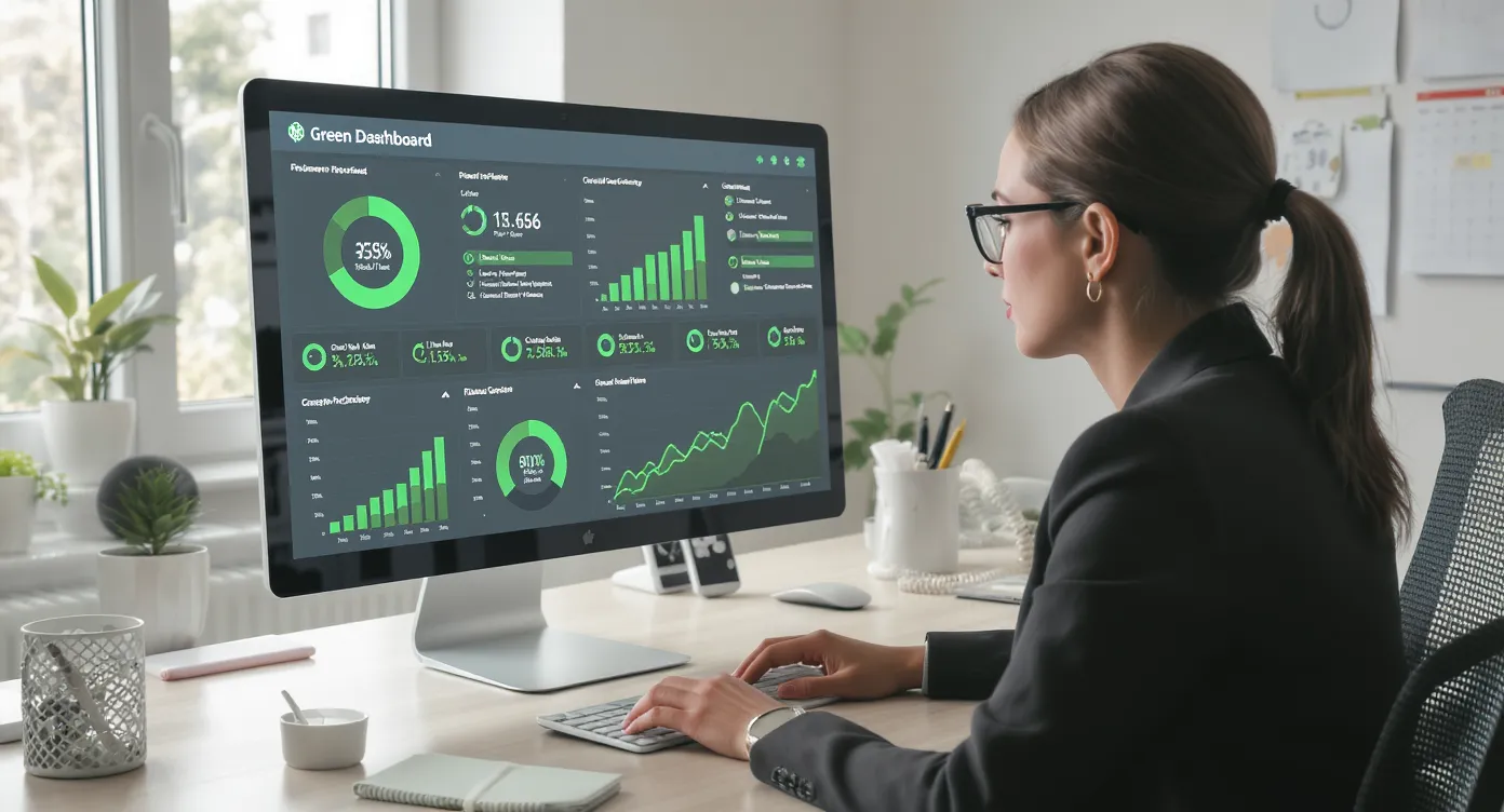Une conseillère voyage consulte un tableau de bord financier numérique affichant des indicateurs verts, symbolisant la réduction de l’empreinte carbone grâce à la centralisation des paiements.