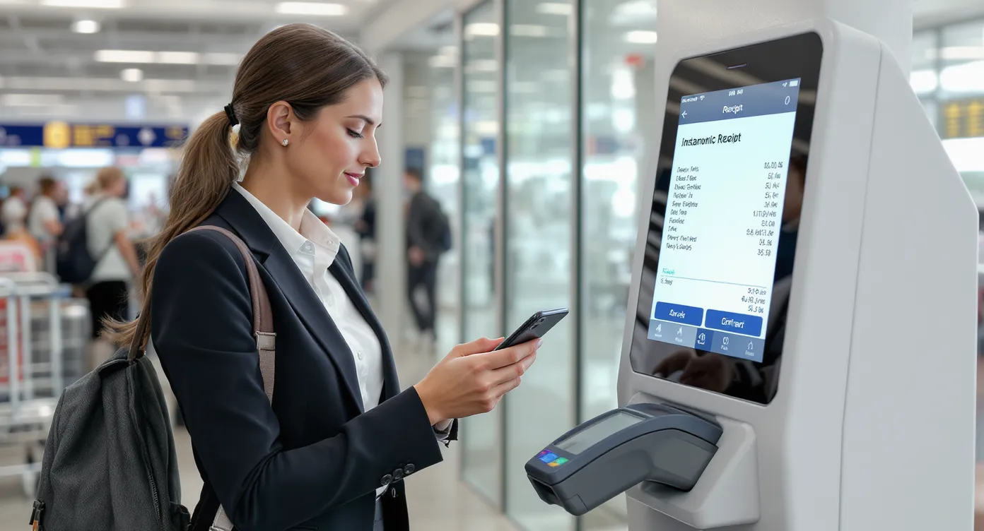 Voyageuse d’affaires scannant son téléphone sur un terminal NFC à l’aéroport, avec un reçu électronique instantané s’affichant en arrière-plan.