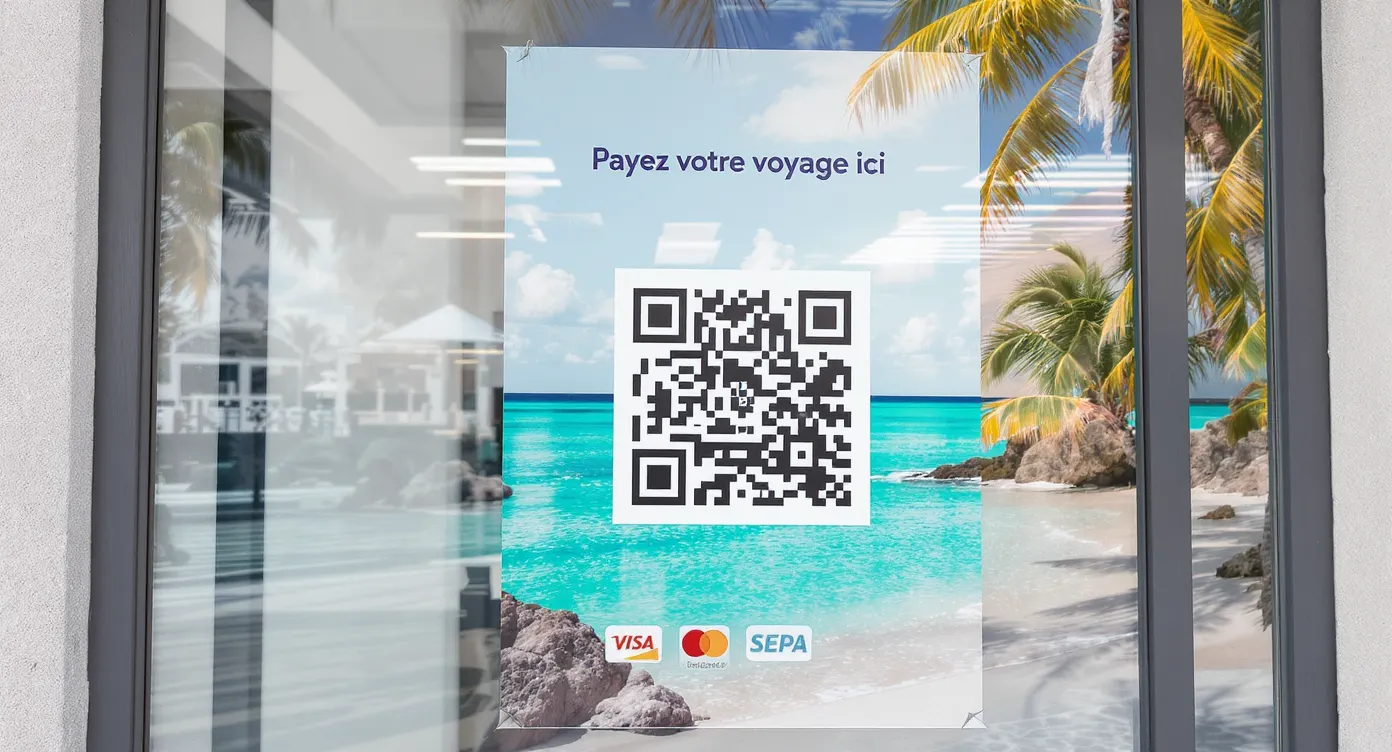 Affiche A4 conçue pour une vitrine d’agence, montrant un QR code générique « Payez votre voyage ici » avec logos Visa, Mastercard et SEPA Instant, sous un visuel de plage exotique.