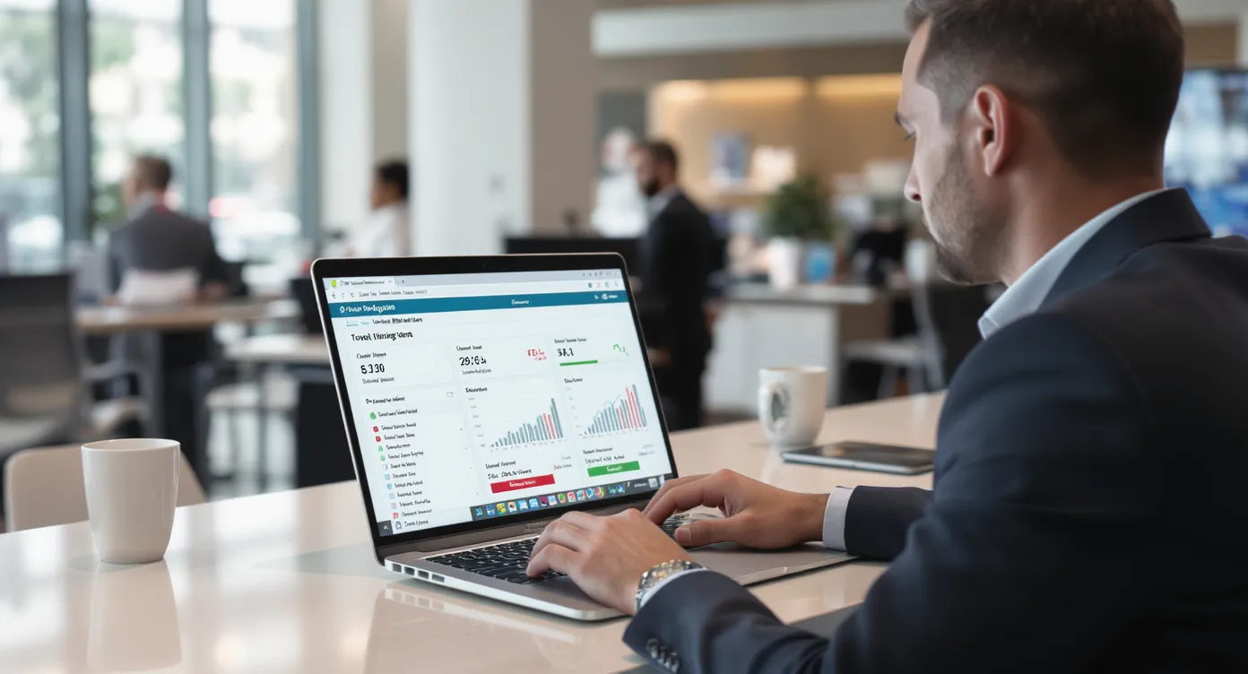 Agent de voyage regardant un tableau de bord affichant le solde des IBAN virtuels, avec graphiques de marge dossier et alertes en vert/rouge sur un écran d’ordinateur portable posé sur un comptoir de l’agence.