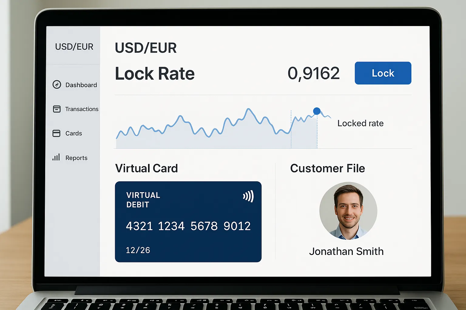 Capture d’écran fictive d’un tableau de bord montrant le verrouillage d’un taux USD/EUR et la génération d’une carte virtuelle associée à un dossier client.