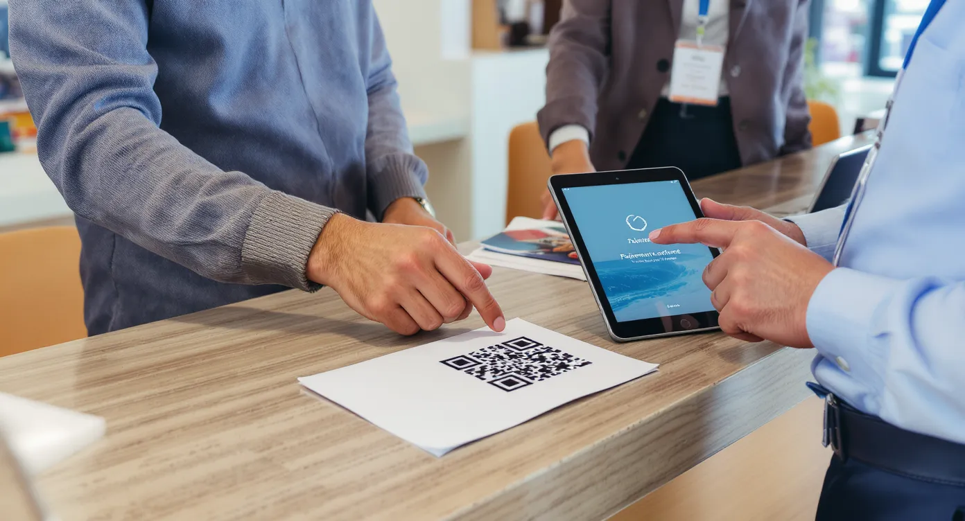 Client scannant un QR code affiché sur un comptoir d’agence de voyage pour régler un acompte, avec le conseiller pointant l’écran de confirmation sur une tablette.