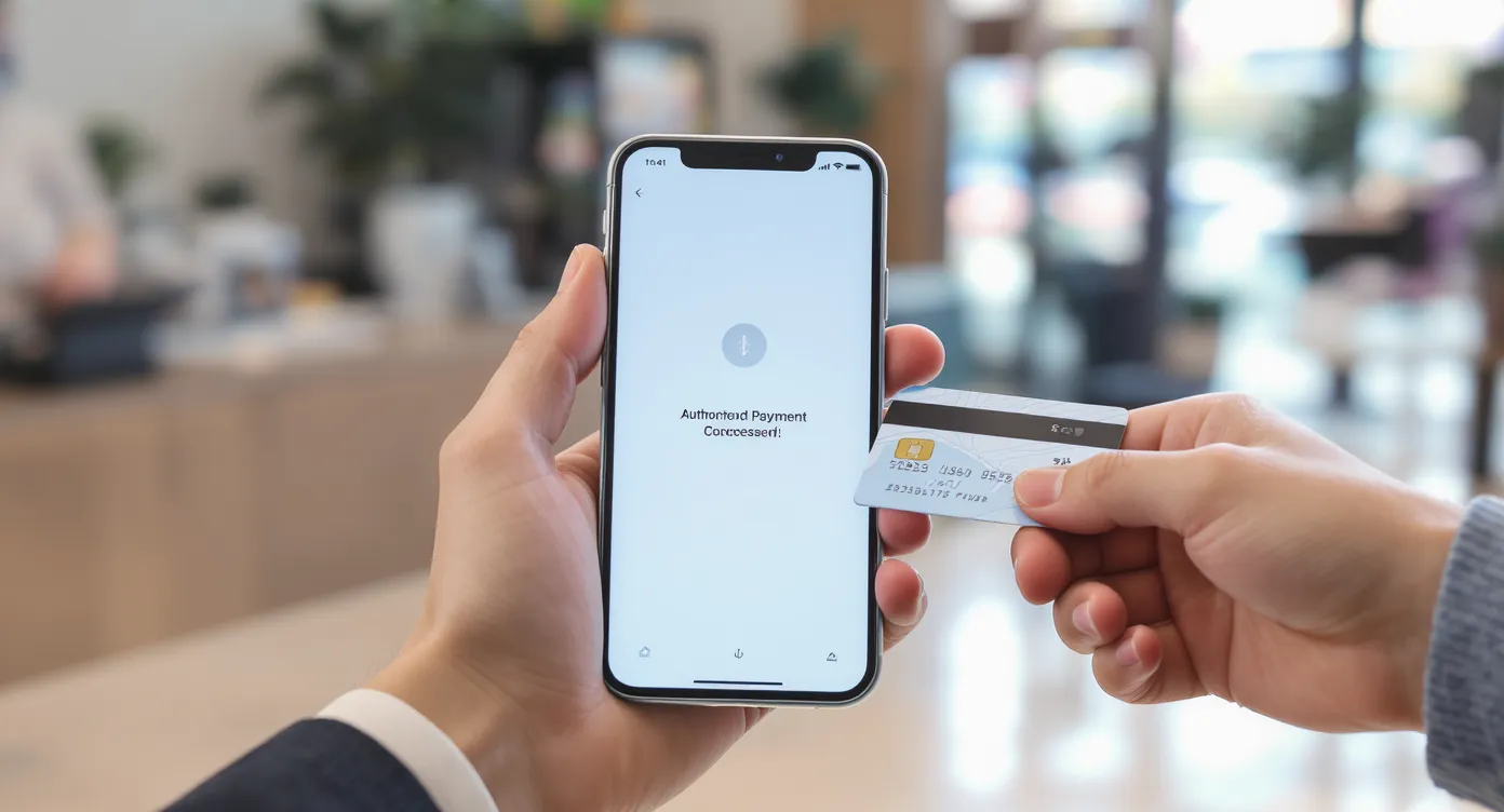 Conseiller voyage tenant un iPhone transformé en terminal, un client approche sa carte sans contact; l’écran confirme le paiement réussi.