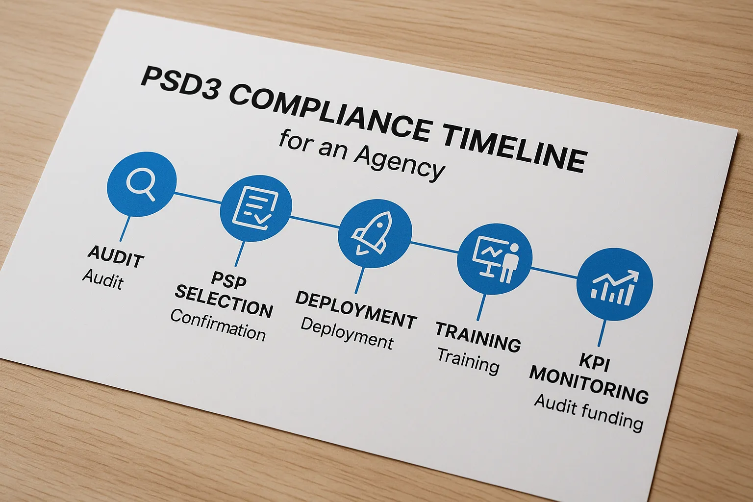 Diagramme simple : timeline de mise en conformité PSD3 pour une agence (audit, choix PSP, déploiement, formation, suivi KPI).