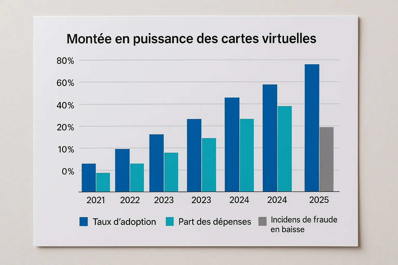 Graphique en barres montrant la montée en puissance des cartes virtuelles entre 2021 et 2025, avec trois barres par année : taux d’adoption, part des dépenses, et incidents de fraude en baisse.