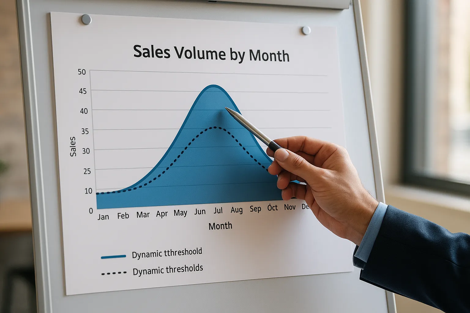 Illustration d’un graphique en cloche montrant le volume de ventes d’une agence sur 12 mois et la courbe en pointillés des plafonds dynamiques qui suit la saisonnalité.