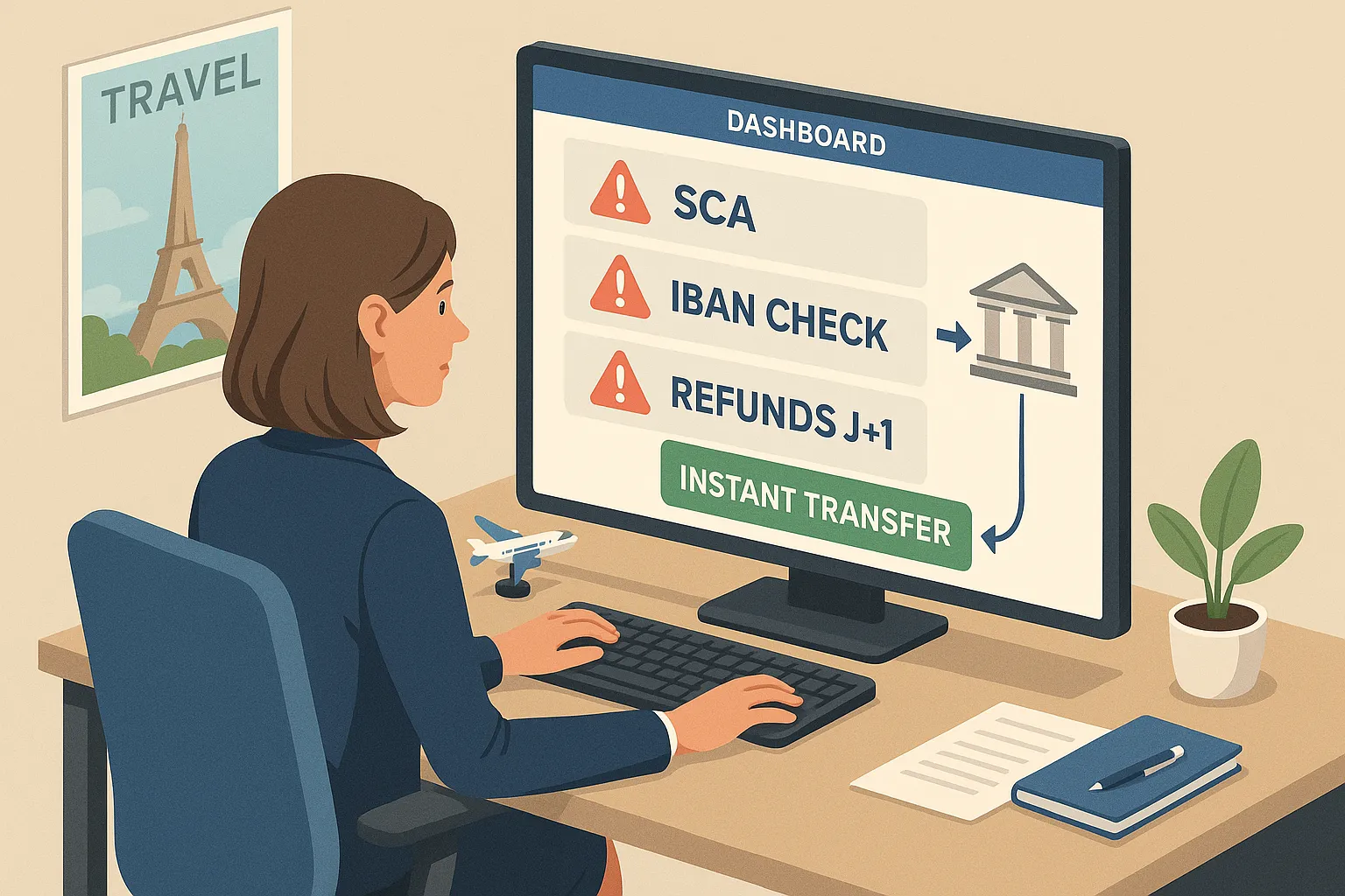 Illustration isométrique : une conseillère voyages suit sur son tableau de bord les alertes PSD3 (SCA, IBAN check, refunds J+1) et déclenche un virement instantané vers un fournisseur.